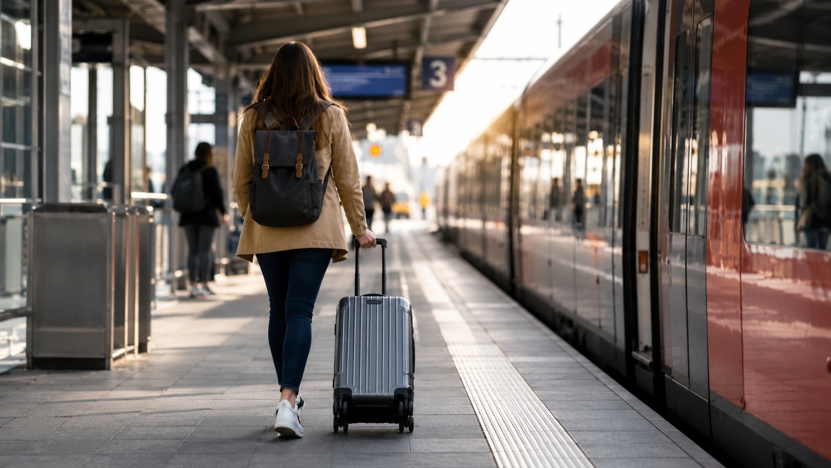 KI-generiertes Symbolbild: Reisende Person von hinten mit Rollkoffer am Bahnsteig.