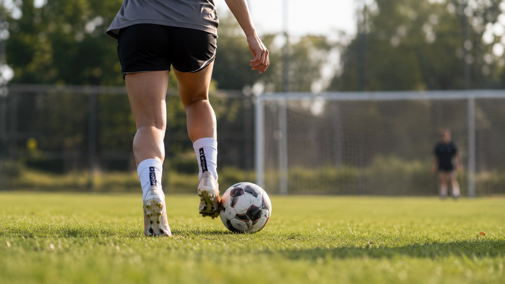 KI-generiertes Symbolbild: Nahaufnahme anonymer Fußballerin mit Ball beim Training, keine Darstellung Klara Bühls.