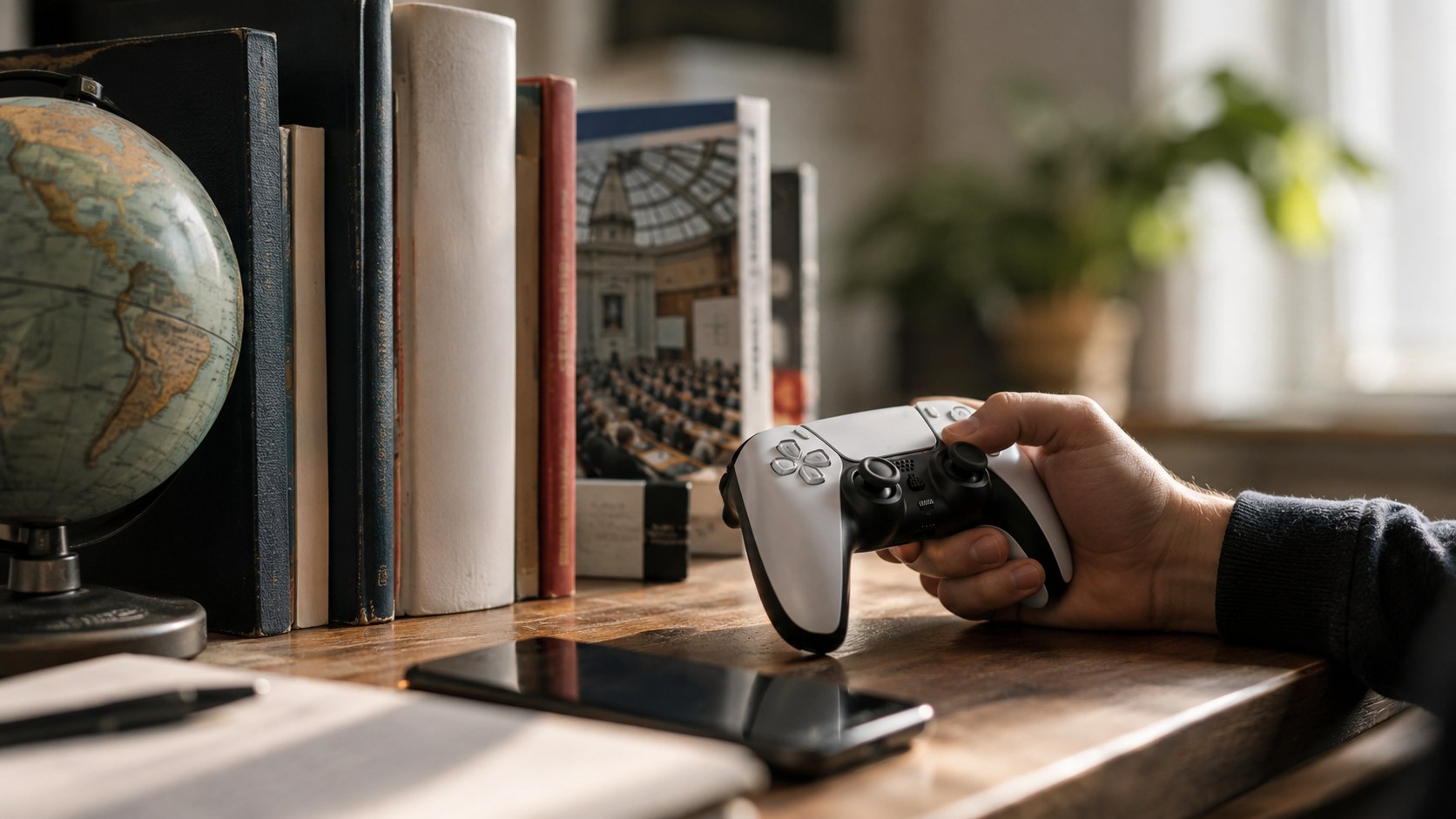KI-generiertes Symbolbild: Hand hält einen Controller neben politischen Sachbüchern ohne lesbare Titel.