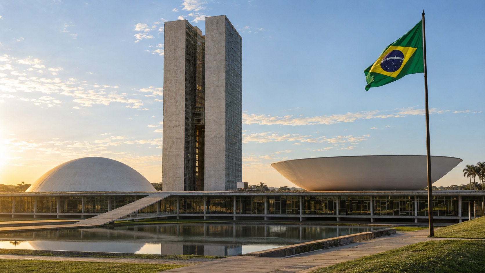 KI-generiertes Symbolbild: Brasilianische Flagge vor dem Nationalkongress in Brasília.