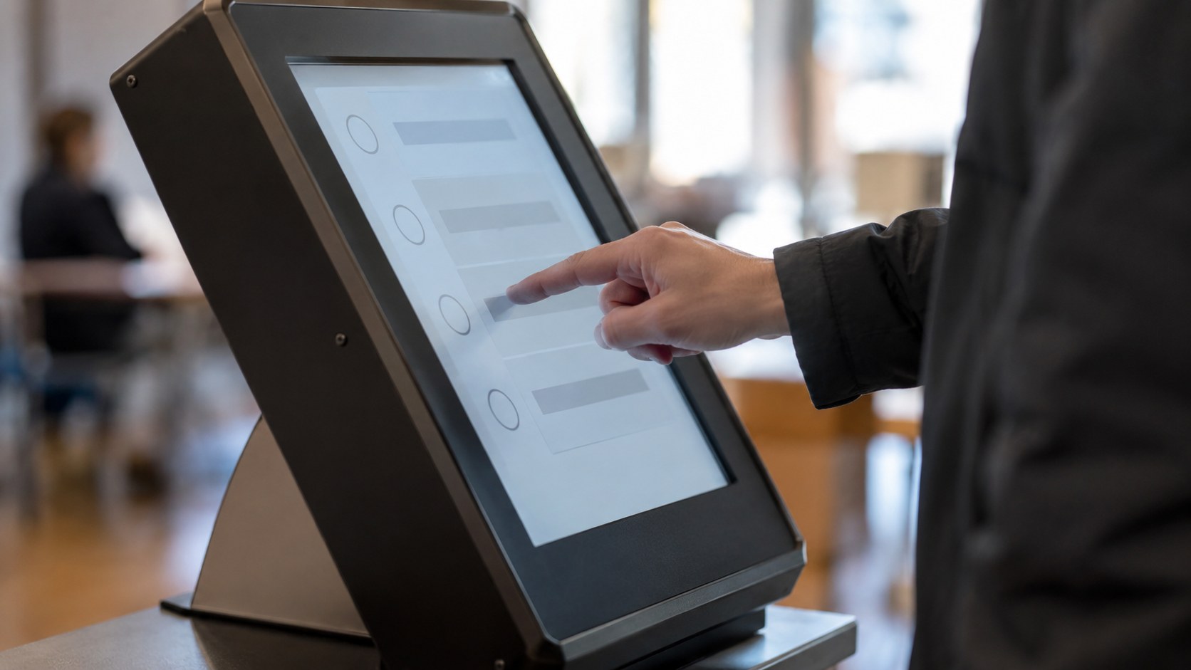 KI-generiertes Symbolbild: Hand an einem neutralen elektronischen Wahlgerät ohne Kandidatennamen.