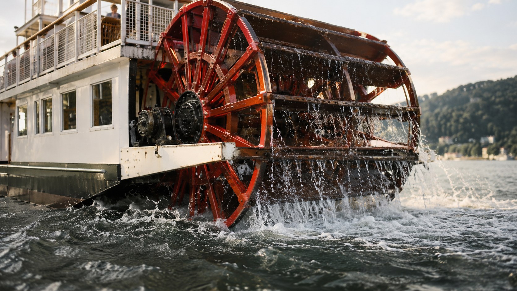 KI-generiertes Symbolbild: Schaufelrad eines historischen Dampfschiffs im Wasser.