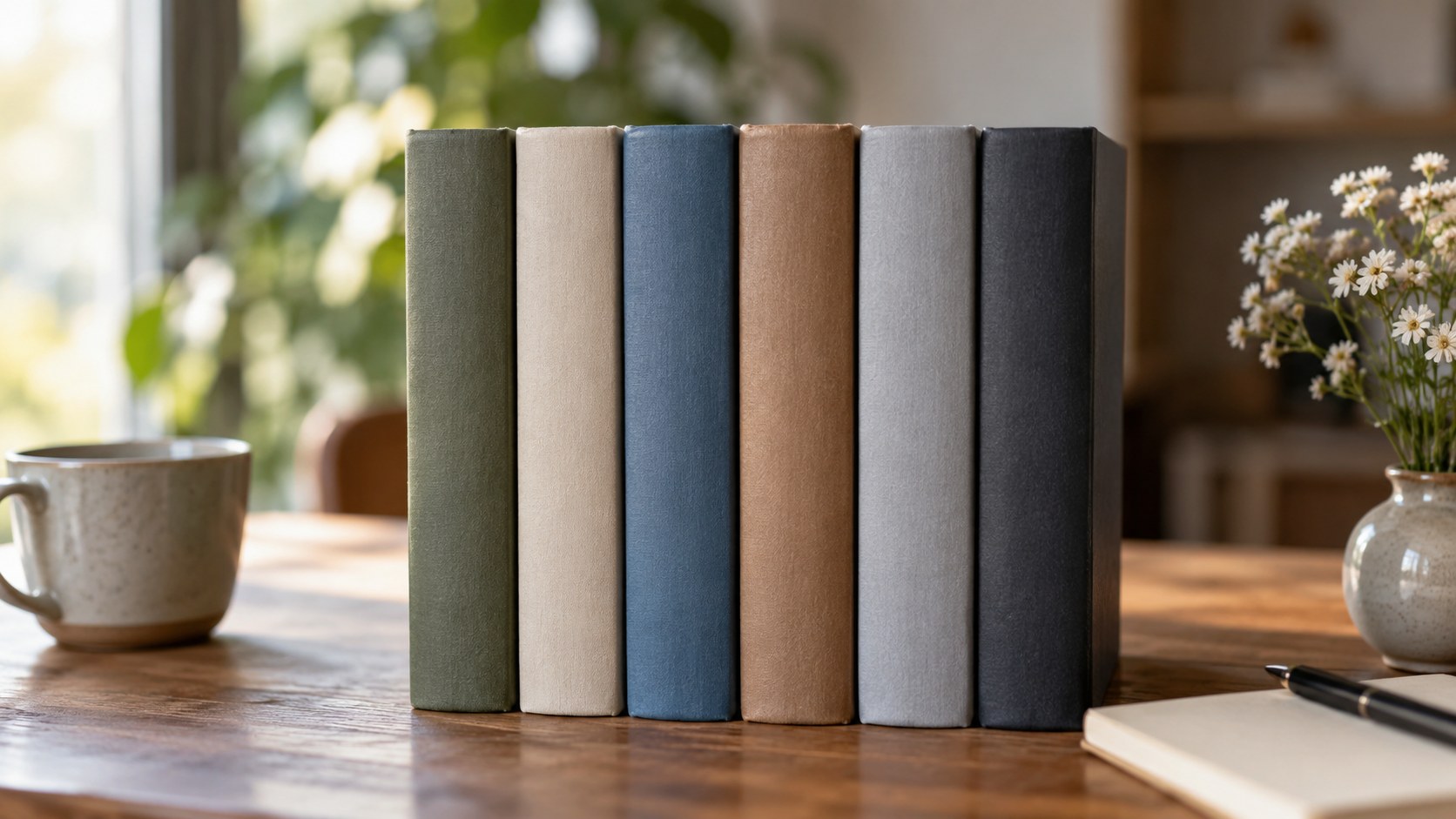 KI-generiertes Symbolbild: Sechs neutrale gebundene Bücher mit leeren Buchrücken.