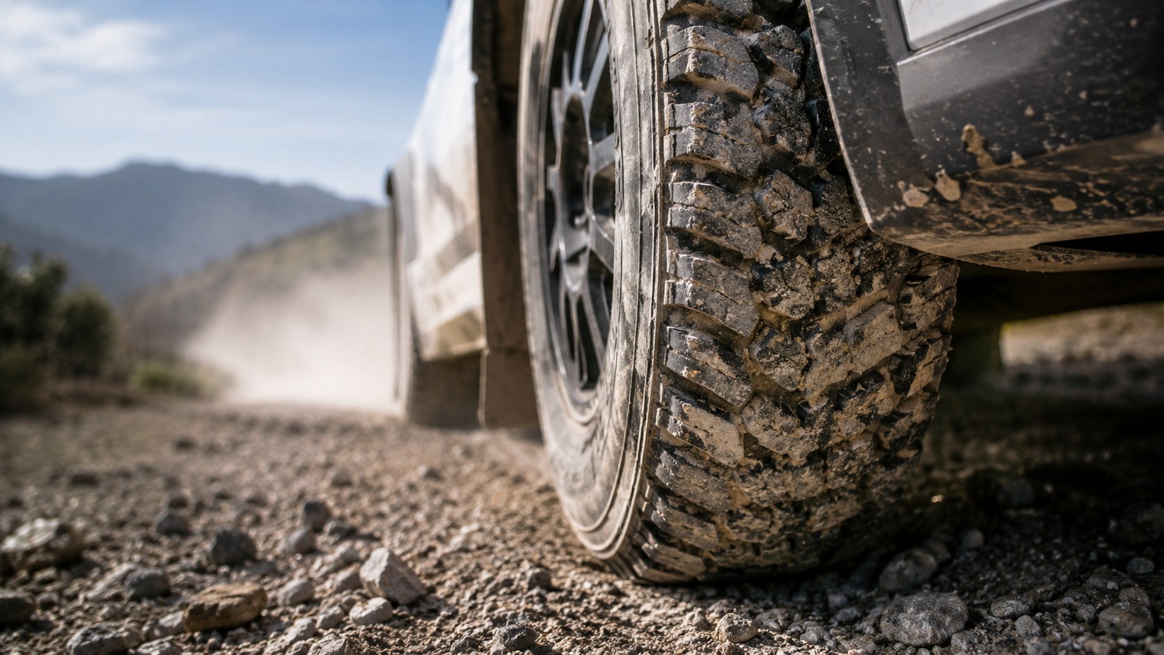KI-generiertes Symbolbild: Detail eines Rallye-Reifens auf Schotter neben einem unbeschrifteten Rennwagen.