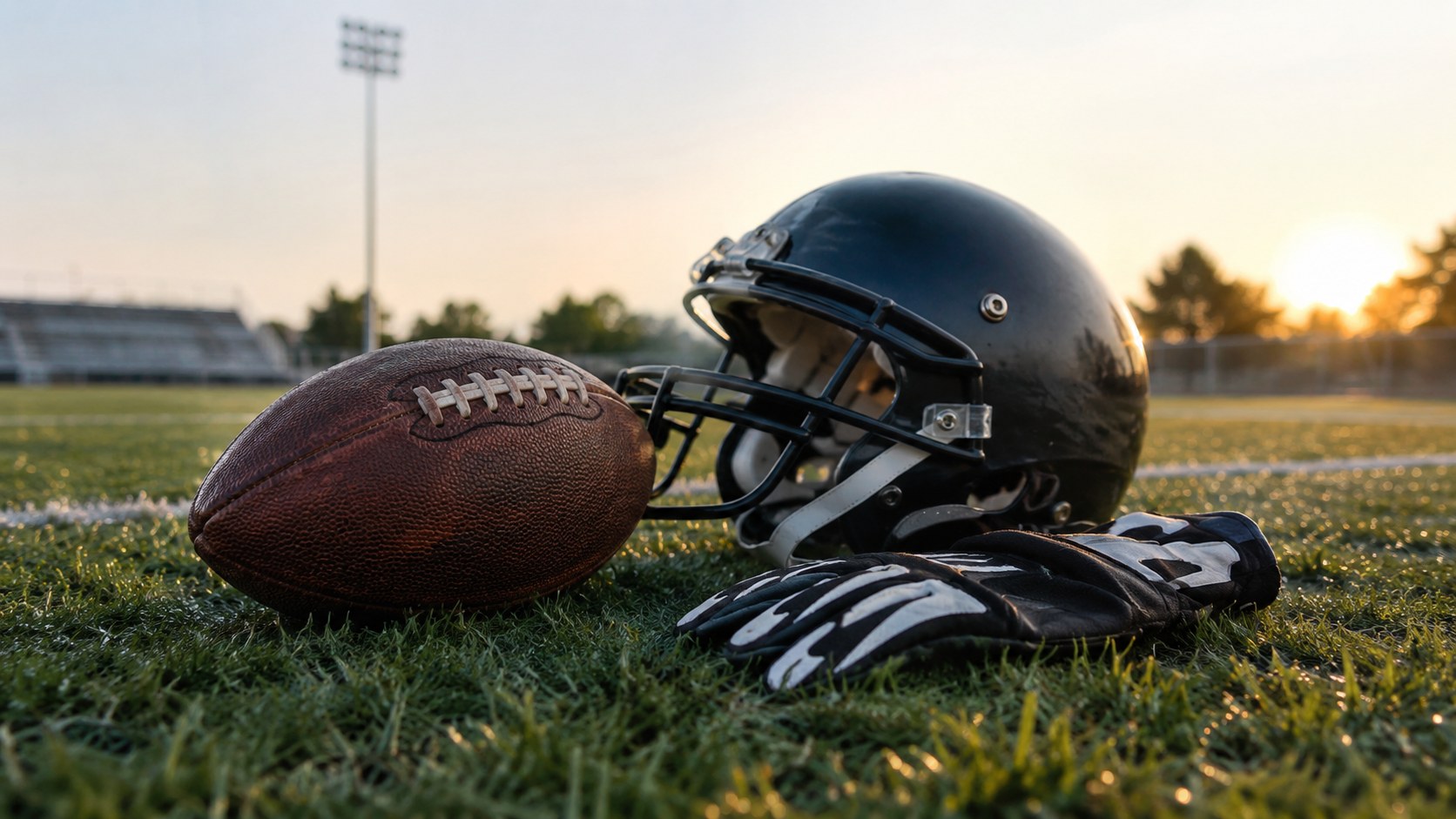 KI-generiertes Symbolbild: American-Football-Ball, Helm und Handschuhe auf Rasen, ohne Vereinslogos.