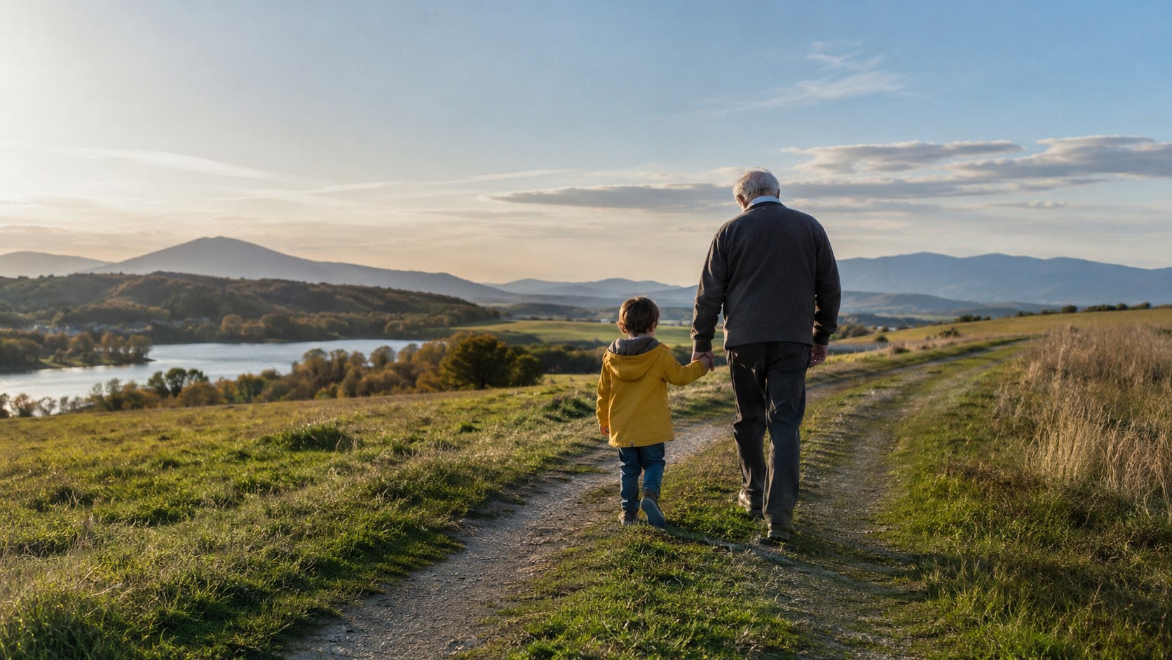 KI-generiertes Symbolbild: Junge und ältere Person gehen gemeinsam einen Weg in einer offenen Landschaft.