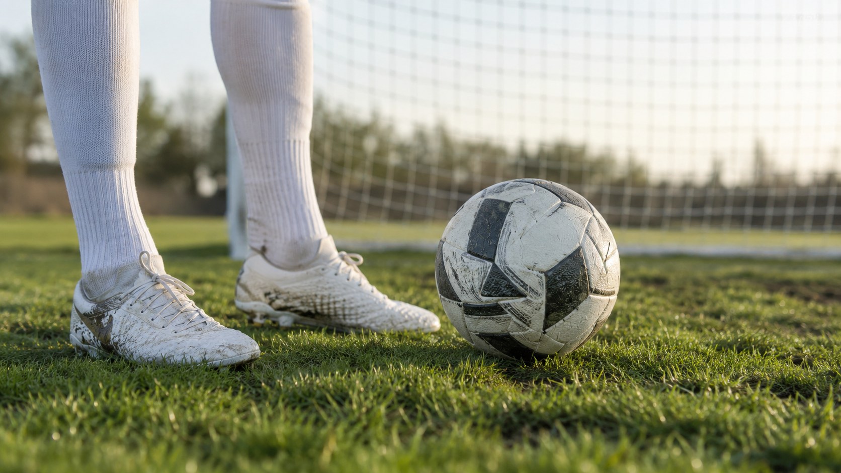 KI-generiertes Symbolbild: Weiße Fußballschuhe und Ball vor einem Tornetz, ohne Spieleridentität.