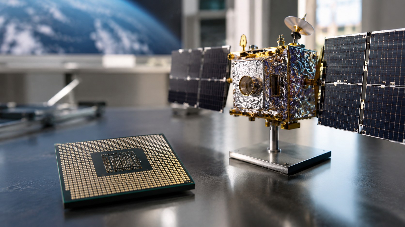 KI-generiertes Symbolbild: Computerchip neben einem Modell eines Satelliten.
