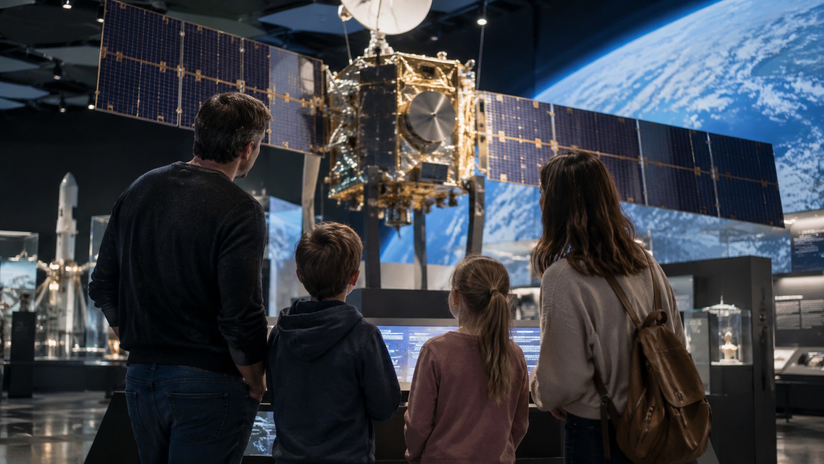 KI-generiertes Symbolbild: Familie von hinten betrachtet ein fiktives Satellitenmodell in einer Ausstellung.