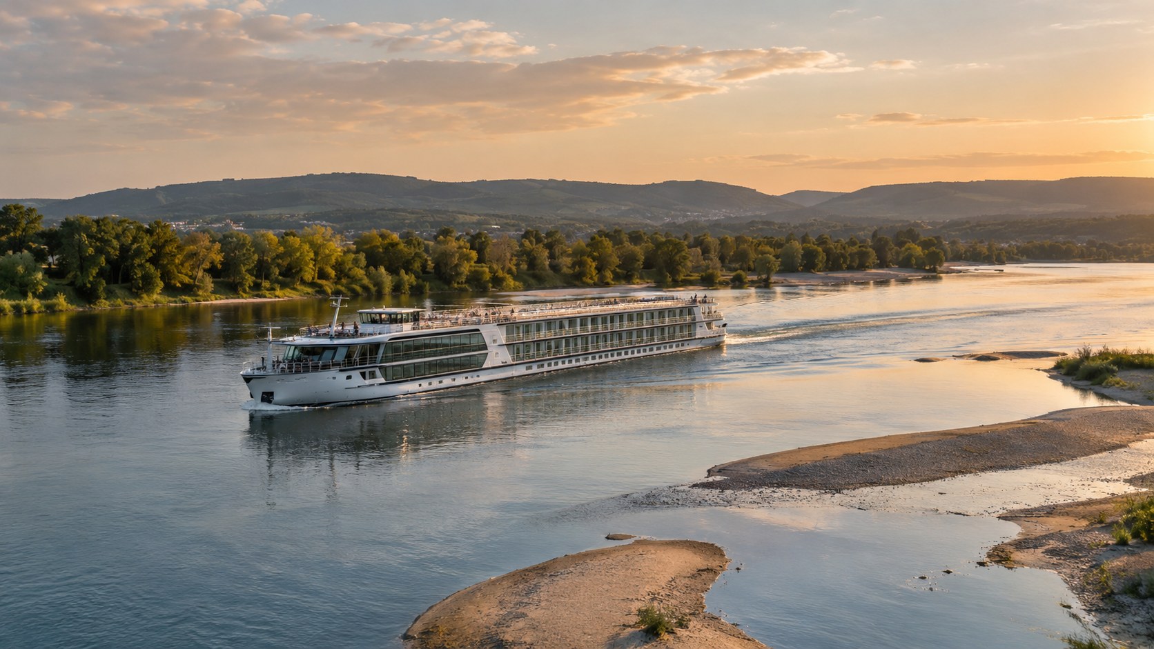 KI-generiertes Symbolbild: Flusskreuzfahrtschiff auf einem ruhigen Fluss mit sichtbaren Sandbänken.