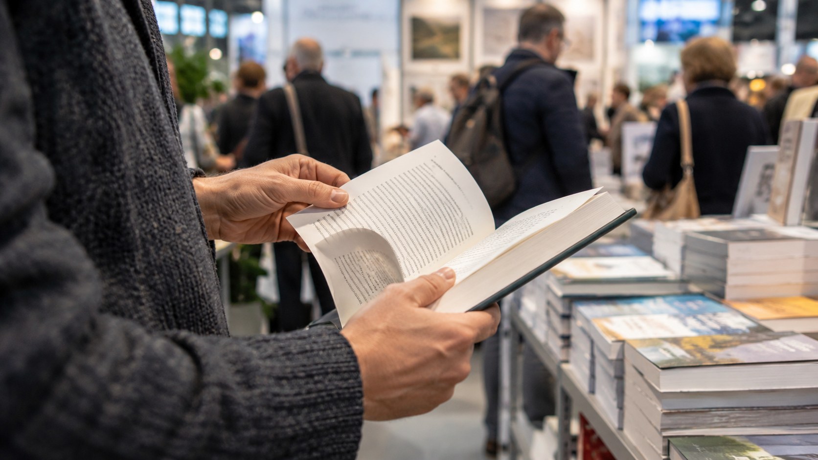 KI-generiertes Symbolbild: Hände blättern in einem Buch an einem belebten, fiktiven Messestand.