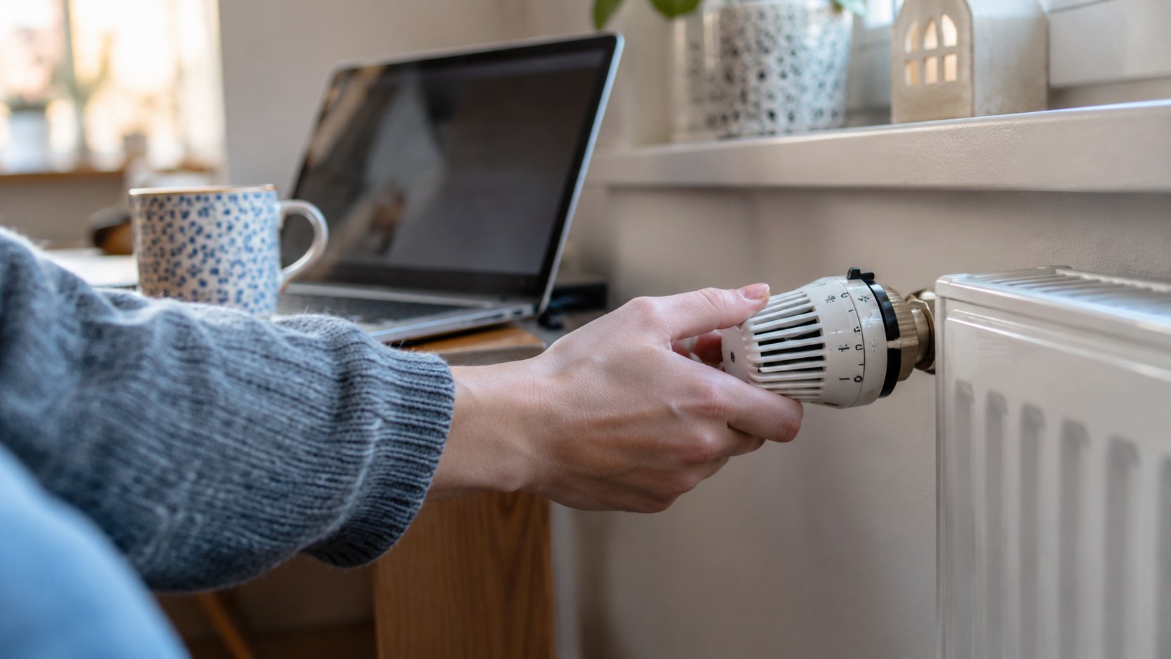 KI-generiertes Symbolbild: Hand dreht an einem Heizkörperthermostat neben einem Laptop.