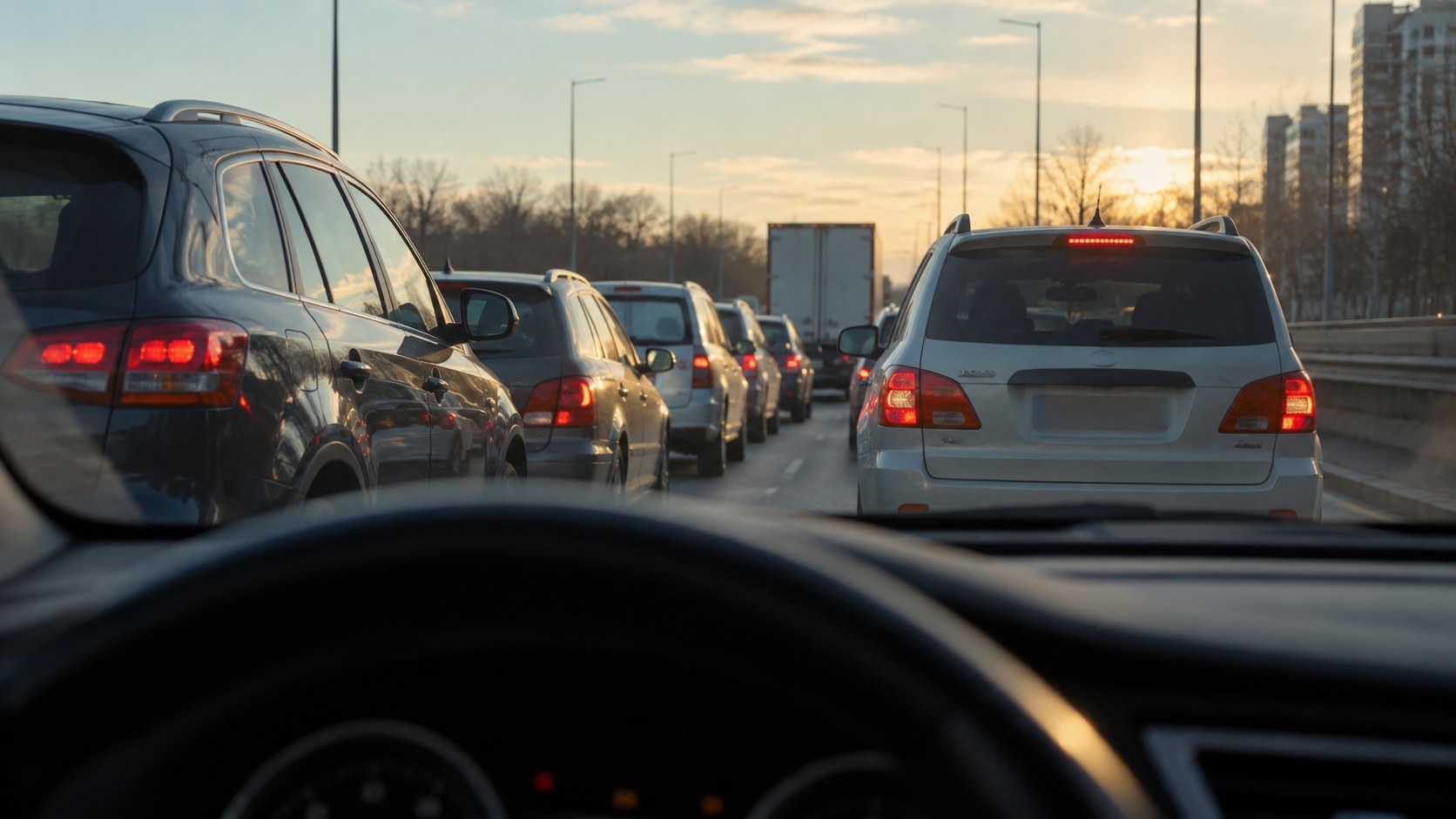 KI-generiertes Symbolbild: Blick aus einem stehenden Auto auf eine Reihe von Fahrzeugen.