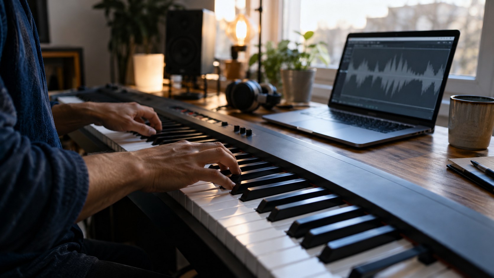KI-generiertes Symbolbild: Musikerhände an einem Keyboard neben einem Laptop mit neutraler Wellenformanzeige.