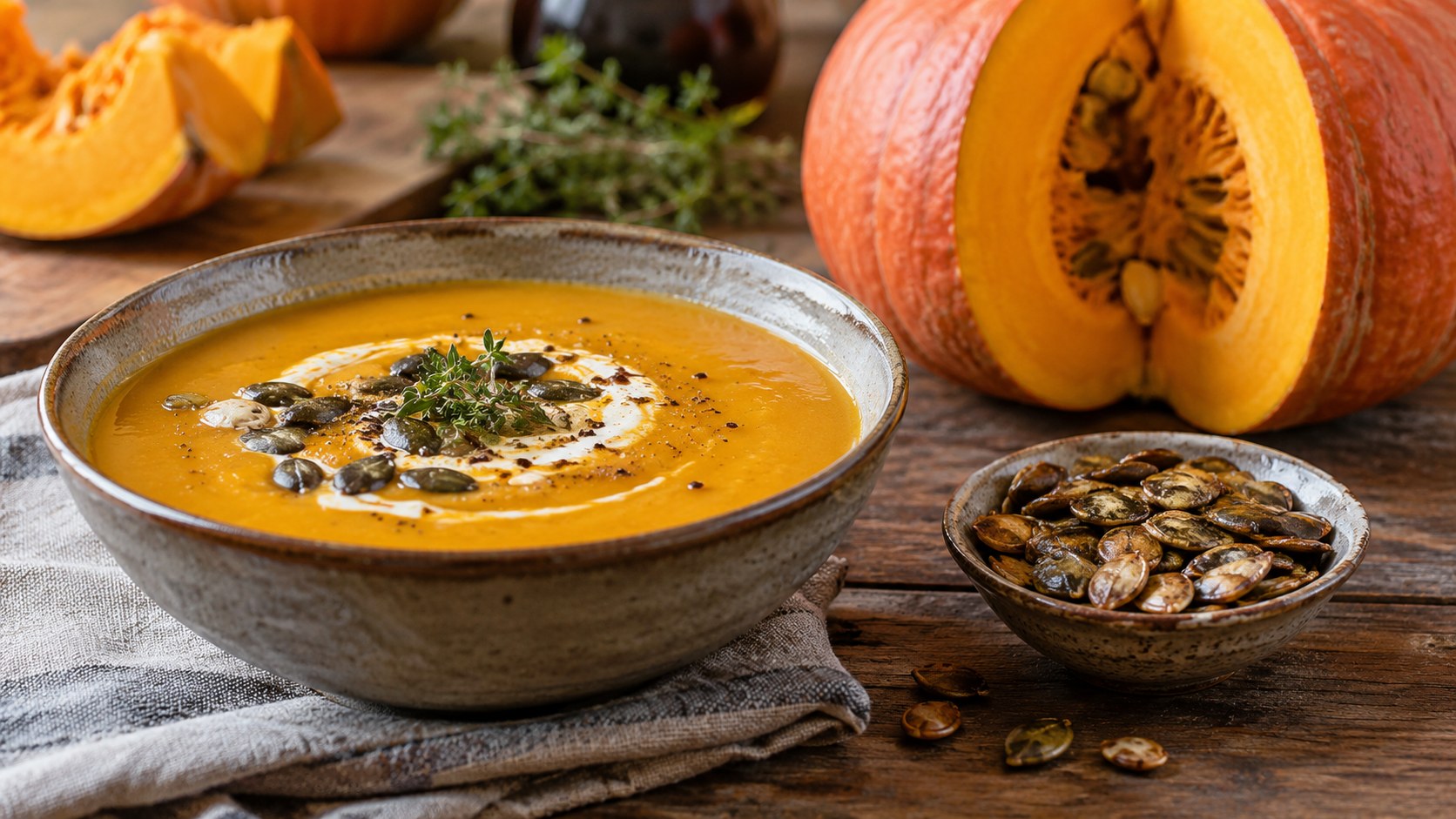 KI-generiertes Symbolbild: Kürbissuppe, orangefarbener Speisekürbis und geröstete Kerne auf einem Holztisch.