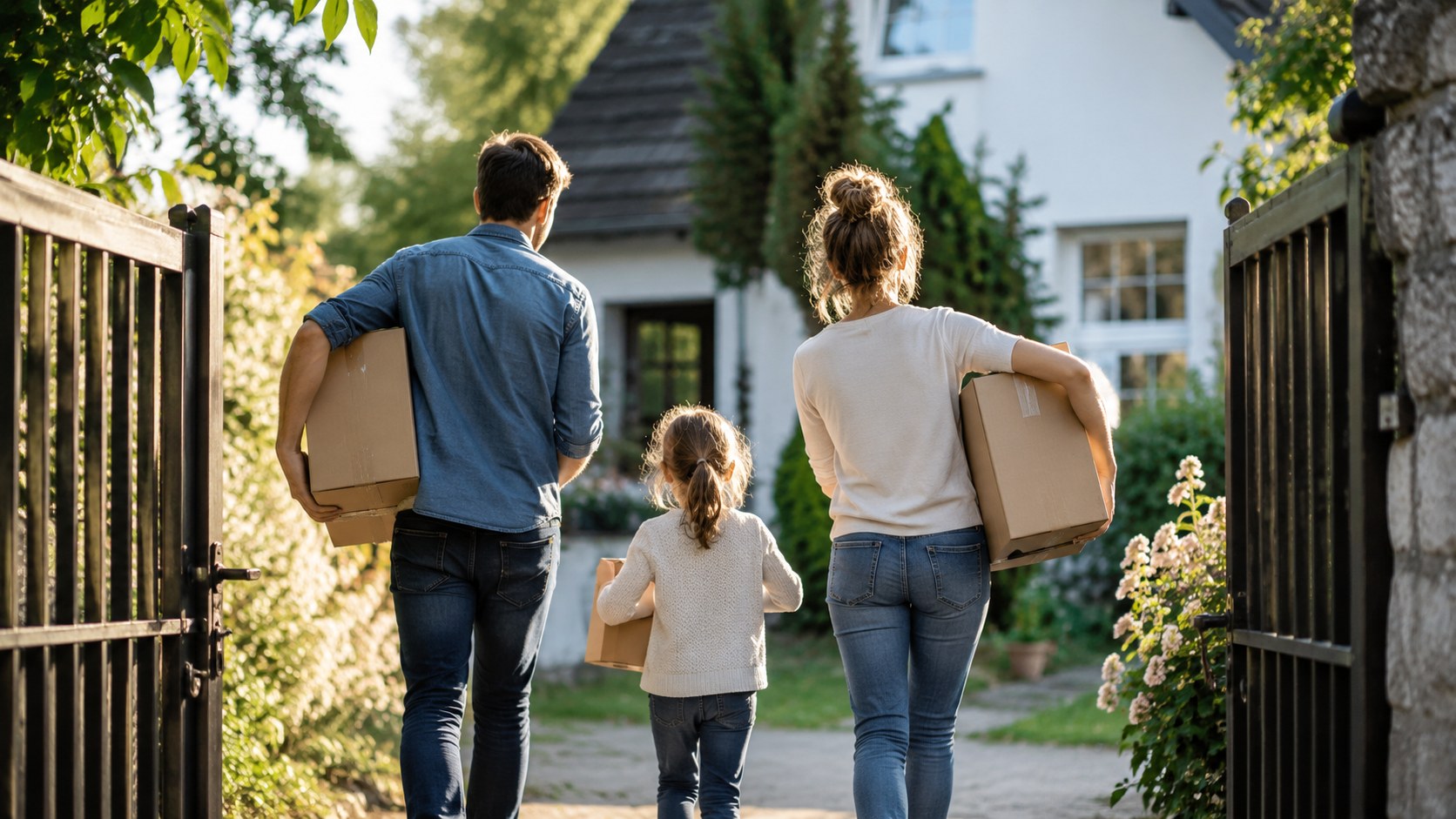 KI-generiertes Symbolbild: Junge Familie von hinten mit Umzugskartons an einem offenen Gartentor.