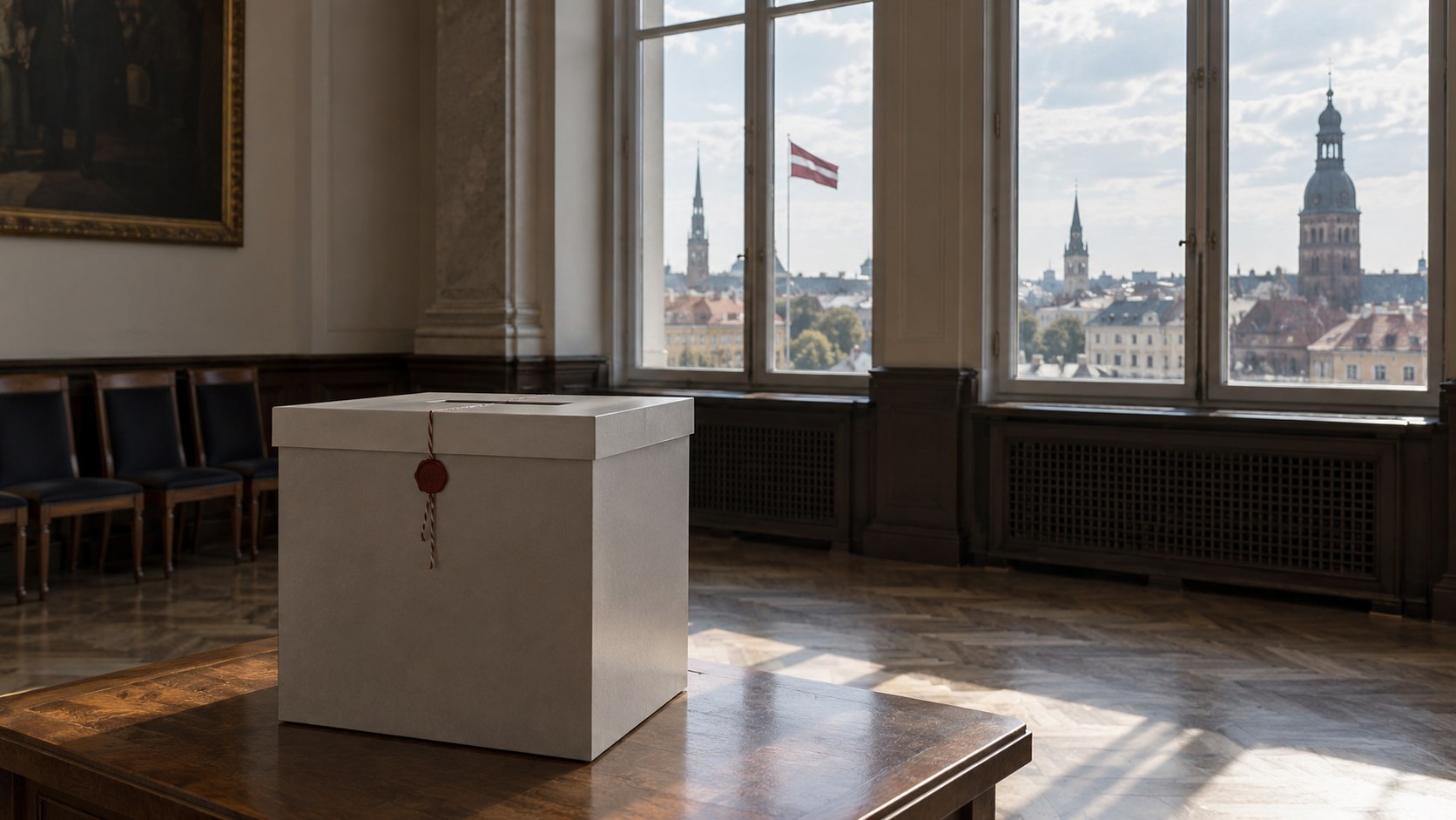KI-generiertes Symbolbild: Wahlurne und lettische Flagge in einem neutralen Wahllokal.