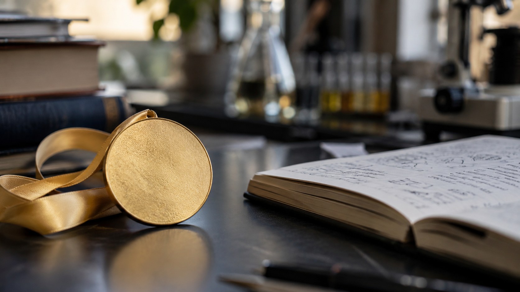 KI-generiertes Symbolbild: Neutrale goldfarbene Medaille neben einem Forschungsnotizbuch, ohne Nobelporträt.