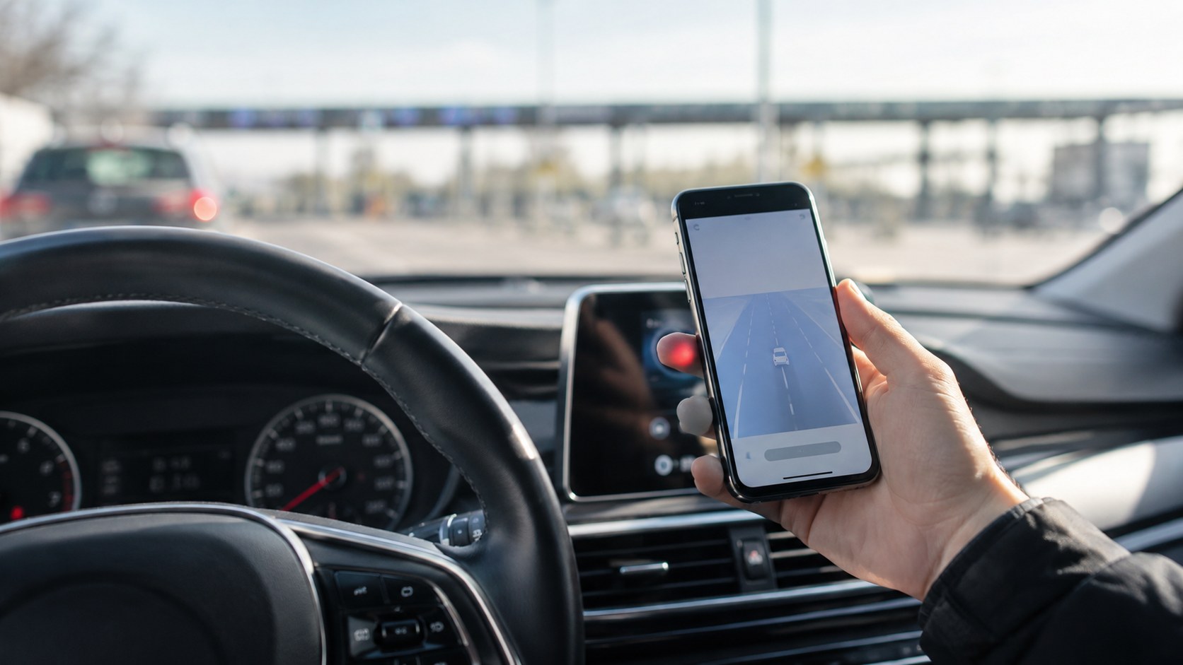 KI-generiertes Symbolbild: Hand mit Smartphone im abgestellten Auto; neutrale Mautansicht ohne lesbare Daten.
