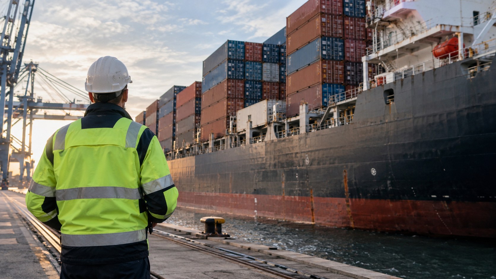 KI-generiertes Symbolbild: Container auf einem Frachtschiff und ein Hafenlogistiker von hinten.