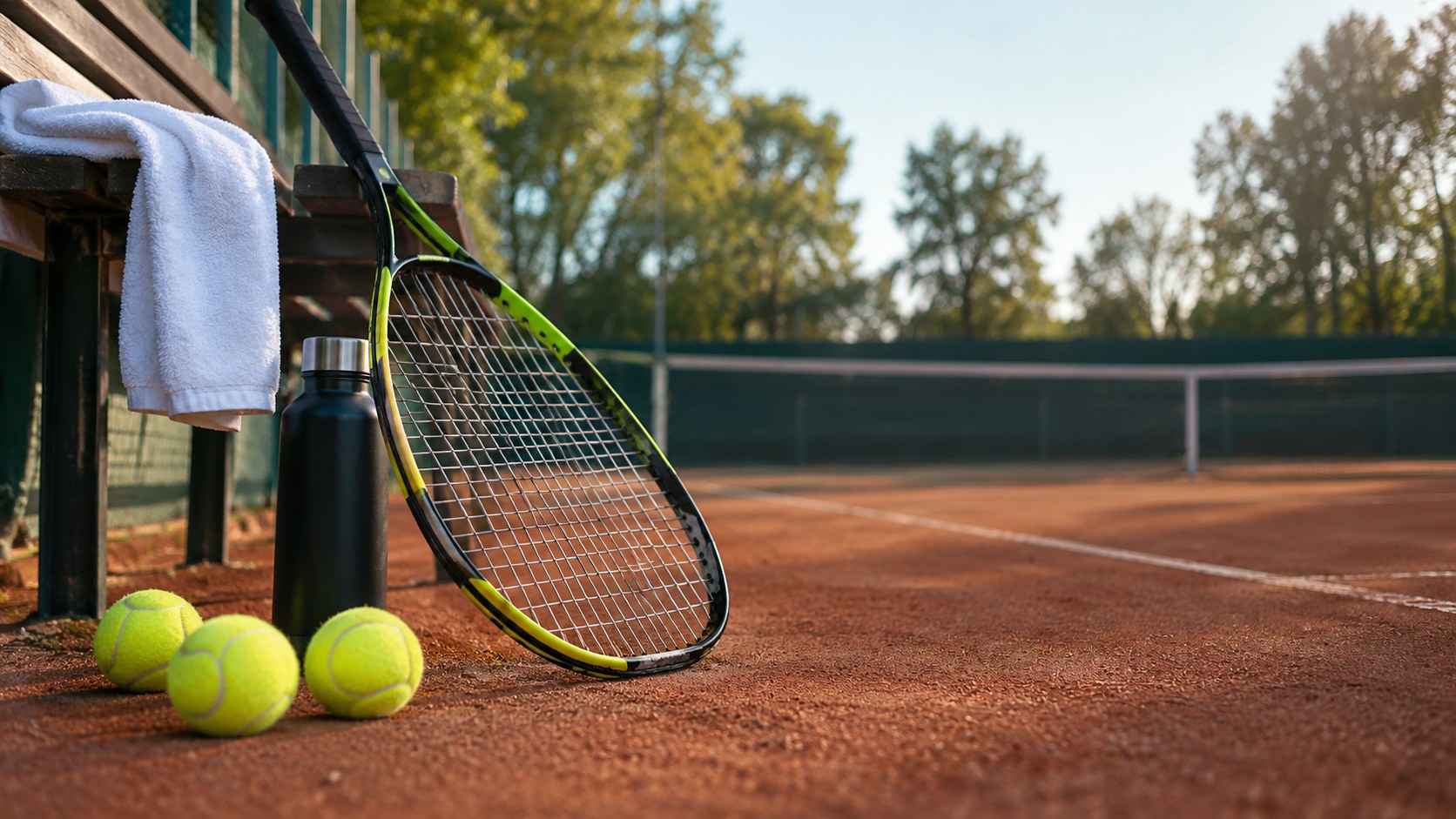 KI-generiertes Symbolbild: Tennisschläger und gelbe Bälle am Spielfeldrand.