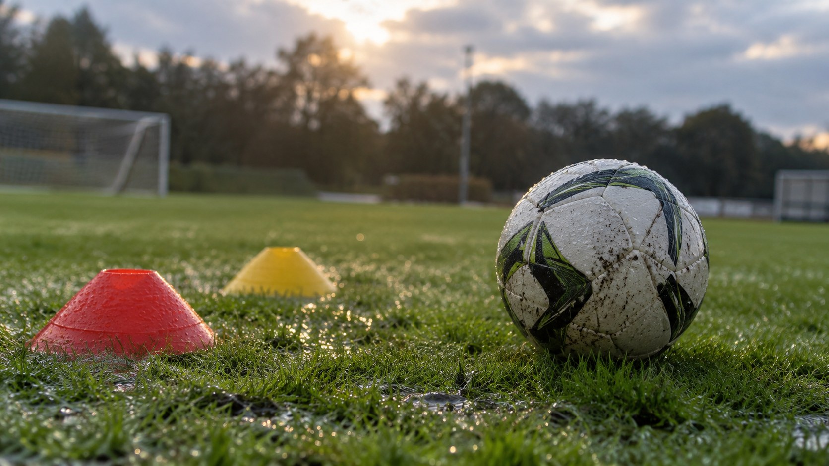 KI-generiertes Symbolbild: Fußball auf nassem Rasen mit rot-gelben Trainingshütchen; keine Spielaufnahme.