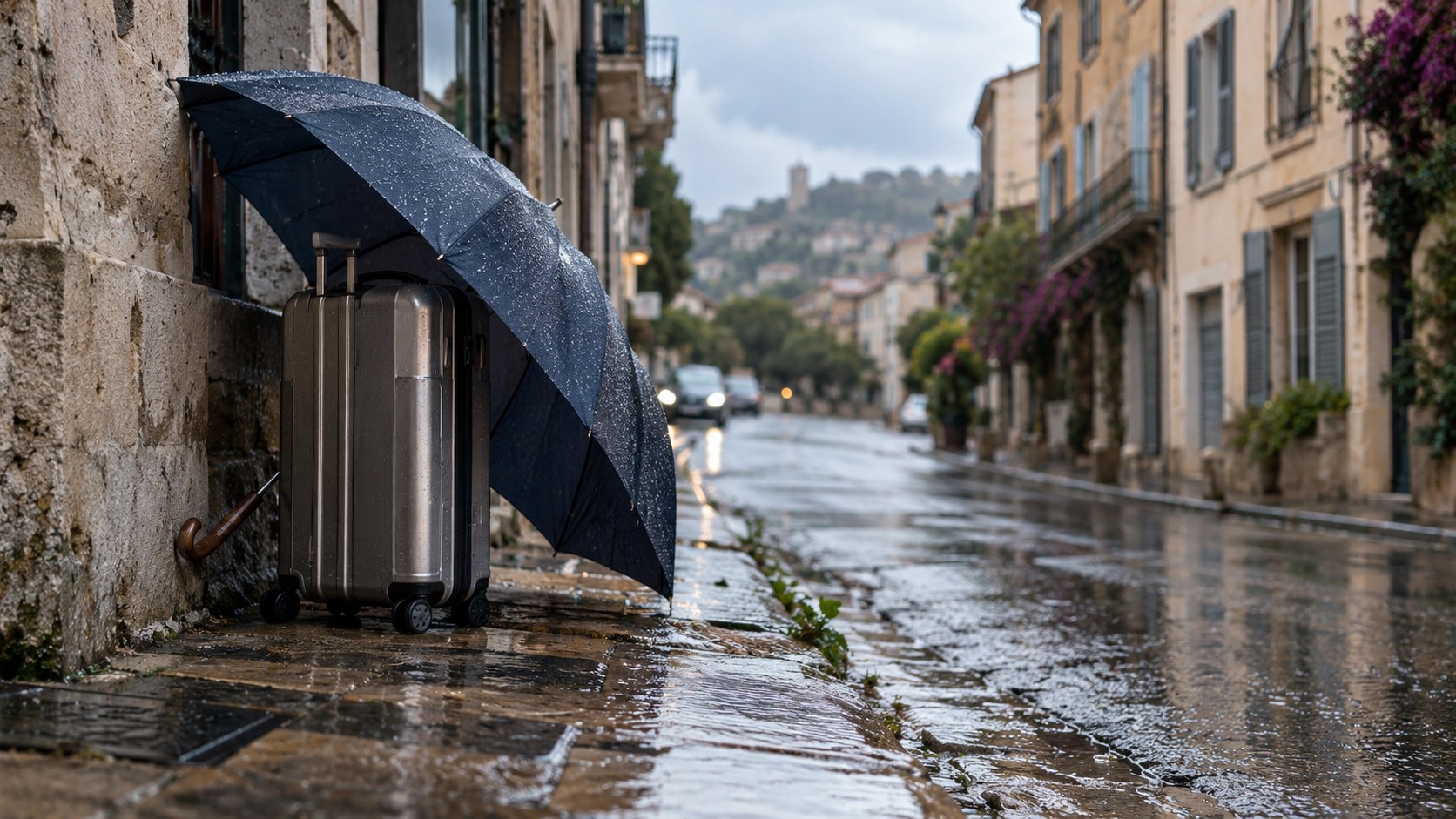 KI-generiertes Symbolbild: Schirm und Reisegepäck an einer regennassen Straße in Südfrankreich.