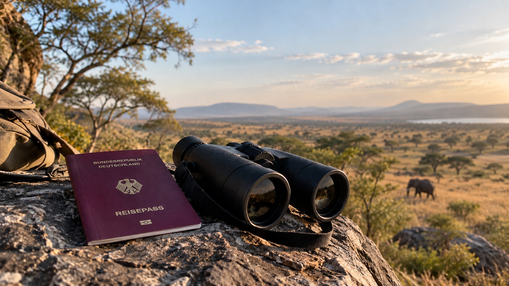 KI-generiertes Symbolbild: Reisepass und Fernglas vor einer ostafrikanischen Savannenlandschaft.