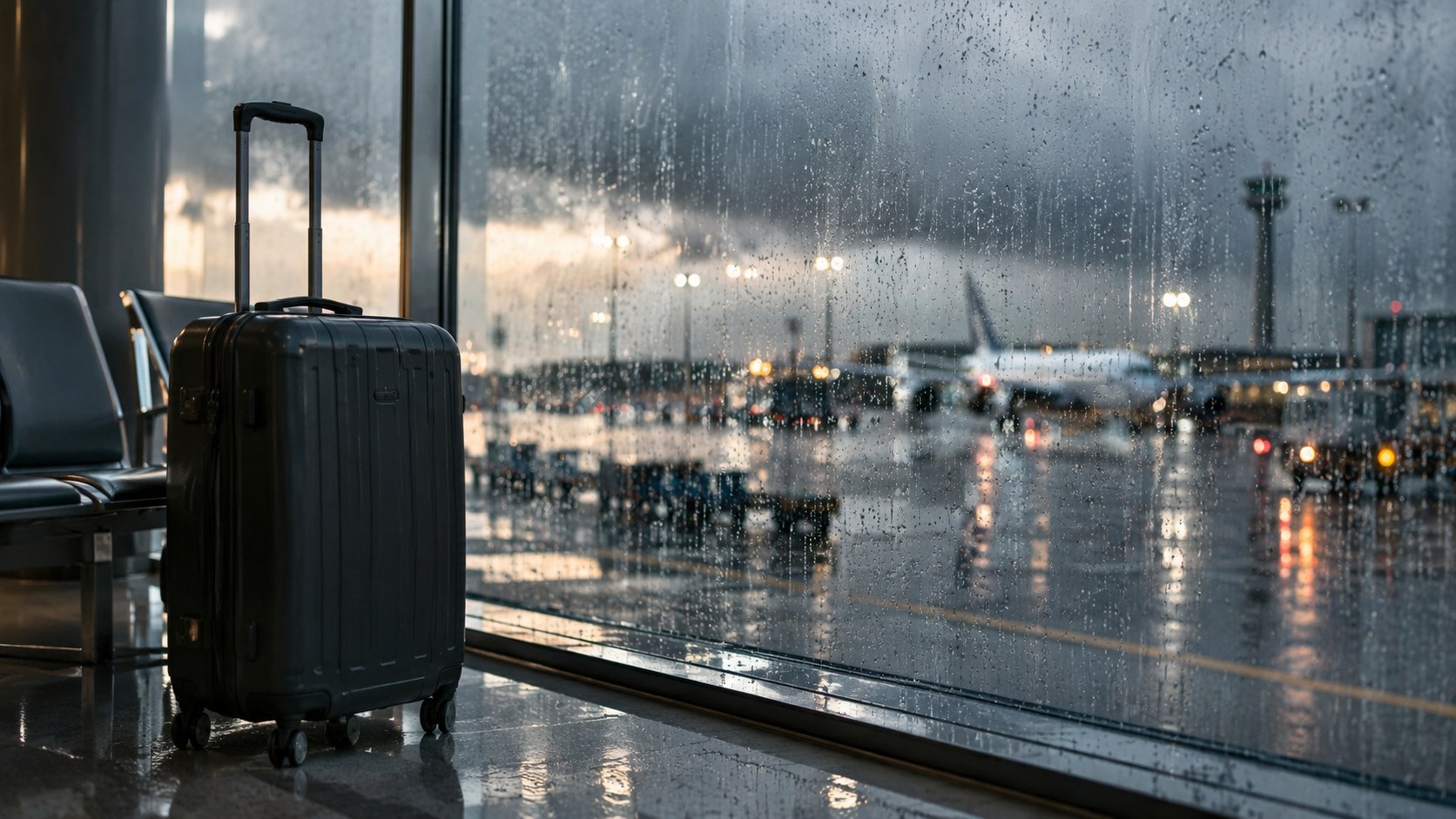 KI-generiertes Symbolbild: Reisekoffer neben einem Flughafenfenster mit starkem Regen.