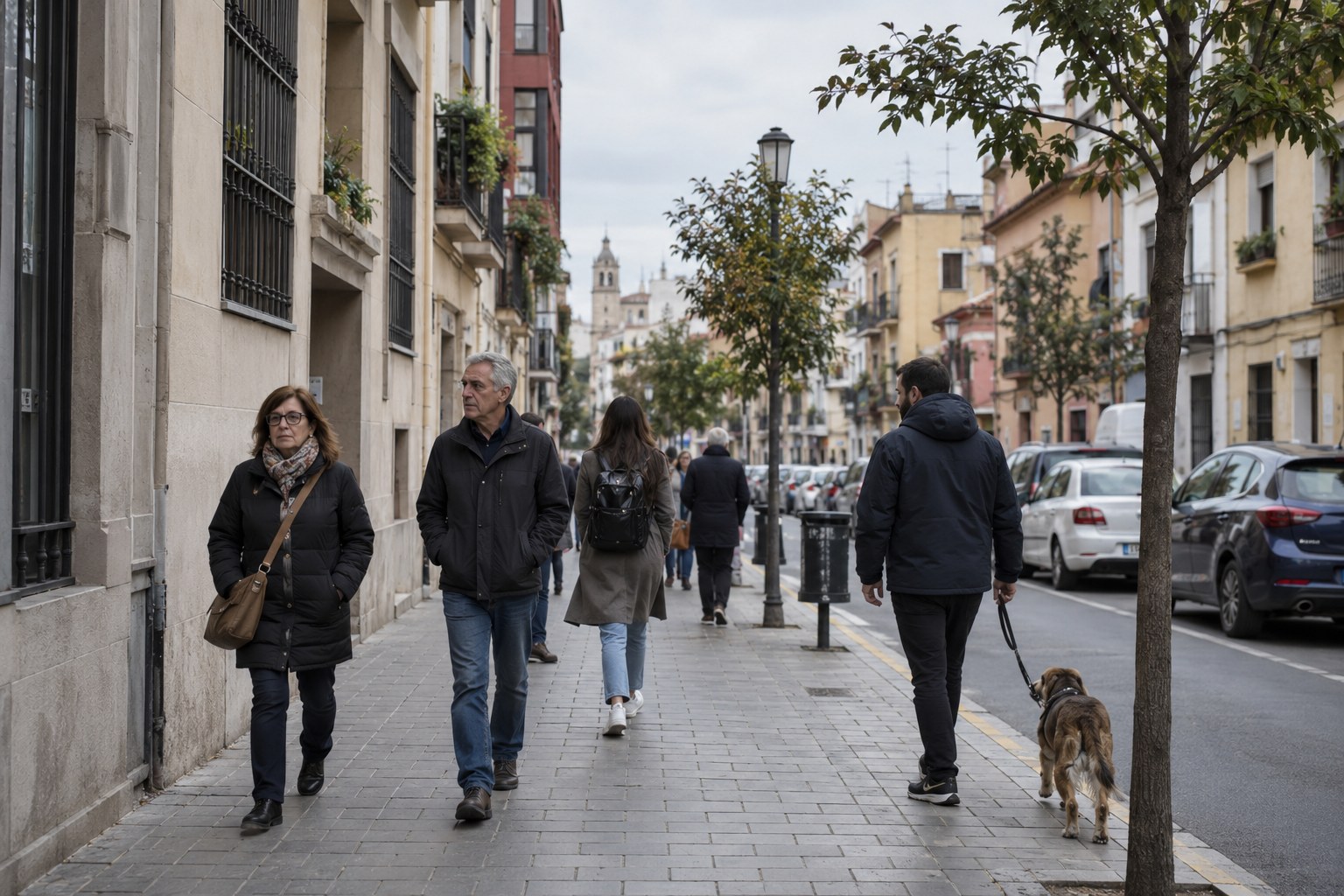 Menschen gehen an Wohnhäusern in einer spanischen Stadt entlang.