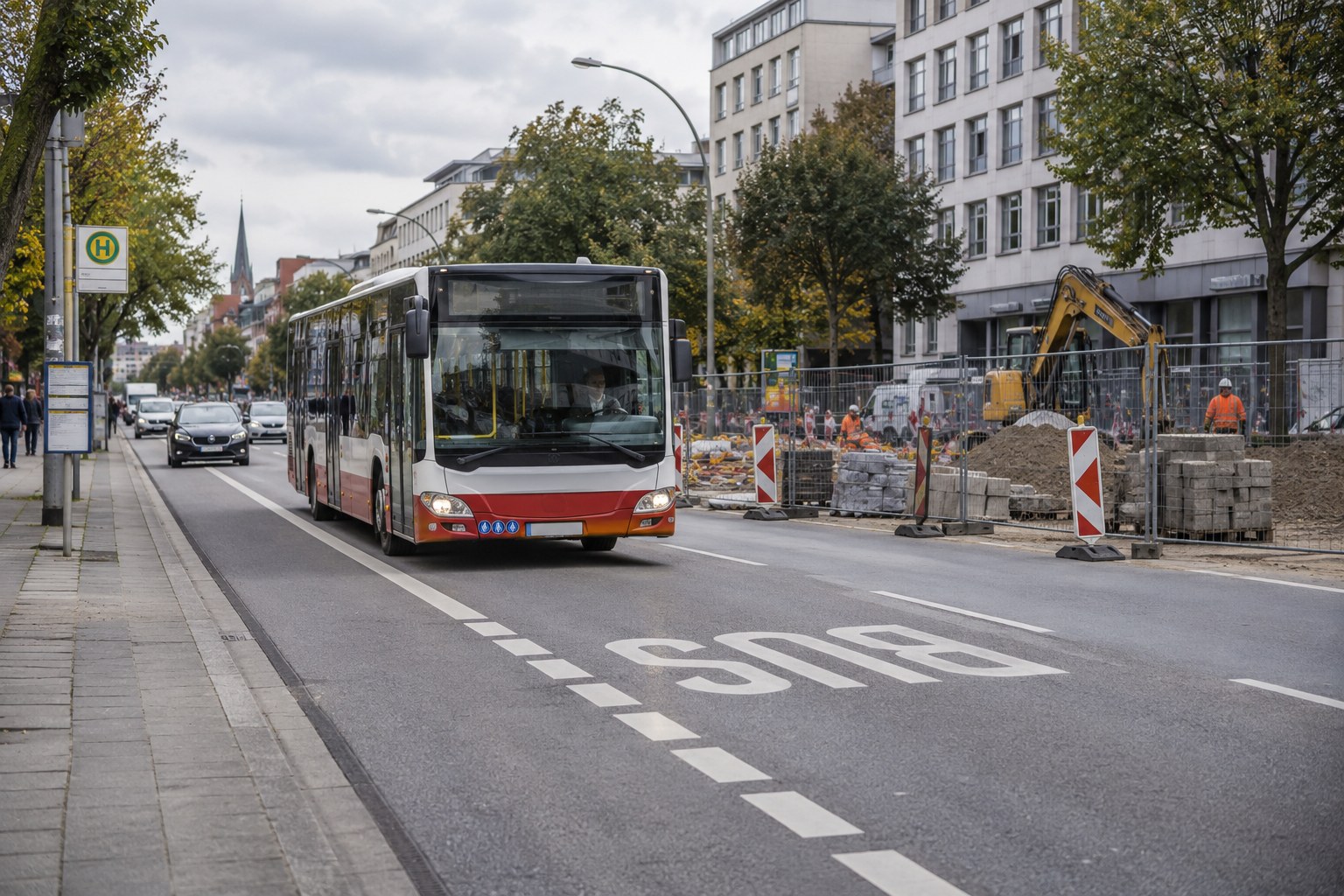 Ein Linienbus fährt neben einer abgesperrten Baustelle.