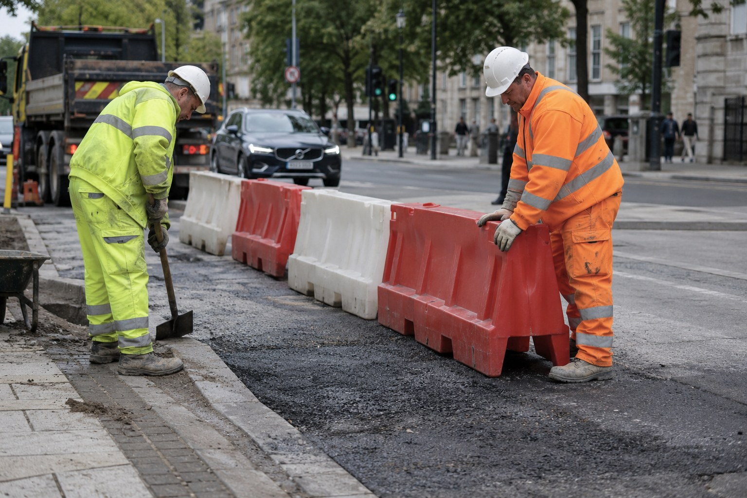 Straßenbauarbeiter richten eine Verkehrsabsperrung ein.