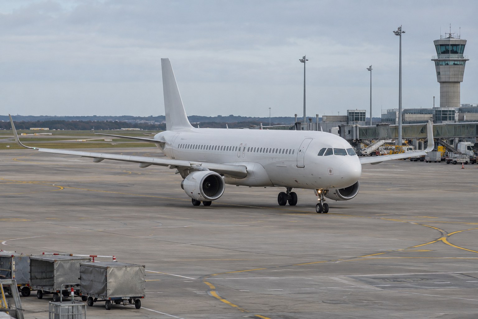 Ein Verkehrsflugzeug rollt auf einem Flughafen-Vorfeld.