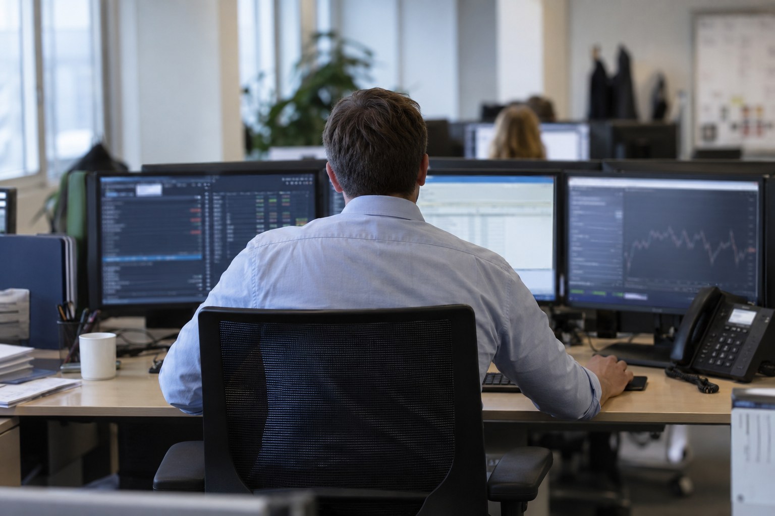 Ein Händler sitzt vor mehreren Monitoren.