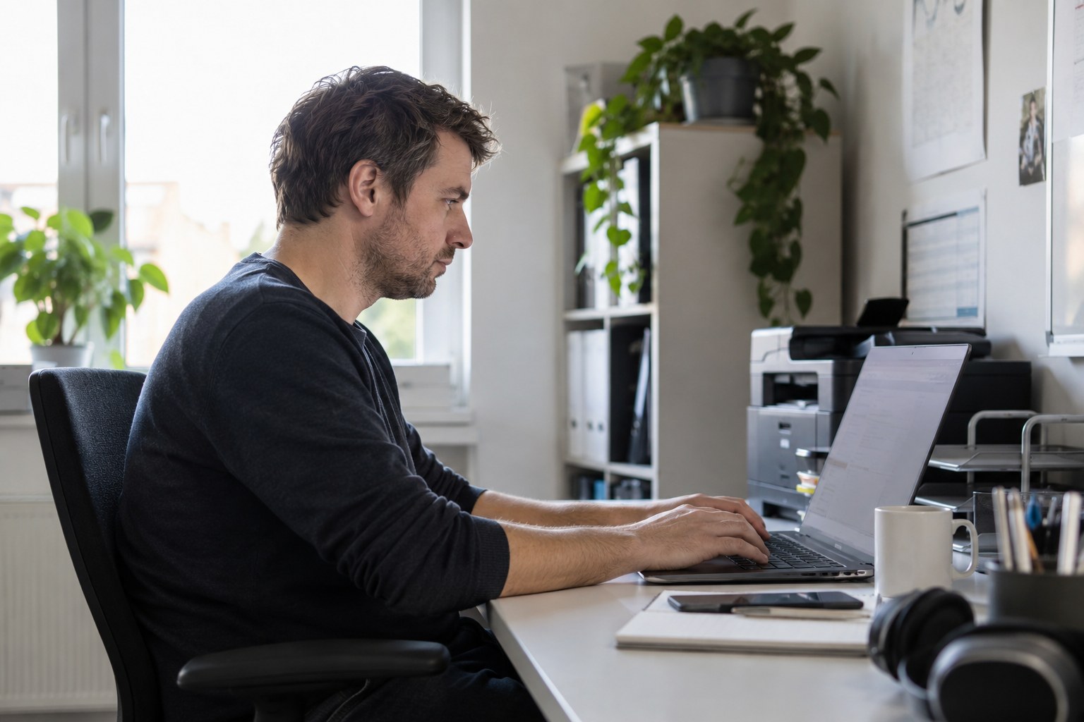 Ein IT-Mitarbeiter arbeitet an einem Laptop.