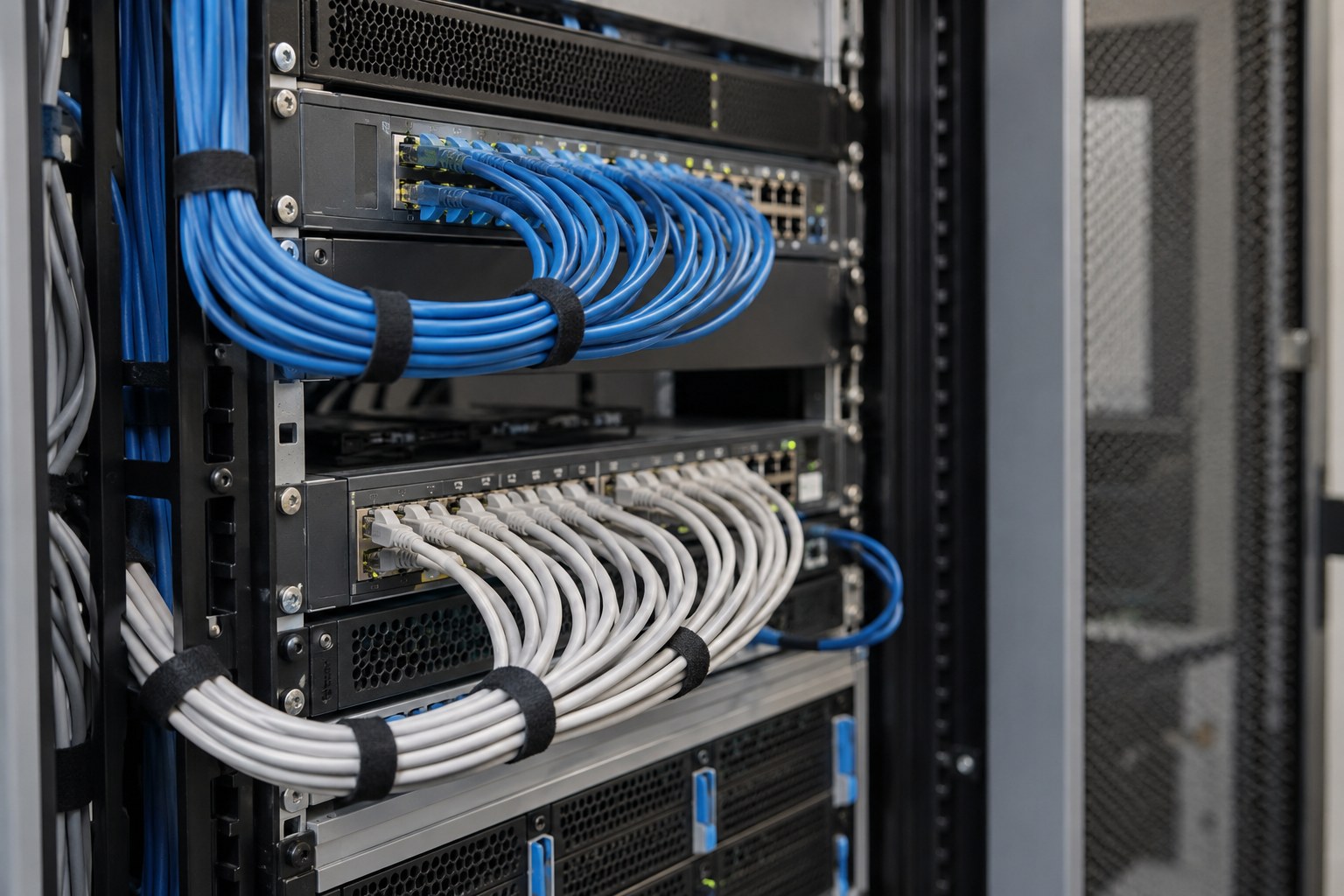 Netzwerkkabel und Server in einem Technikraum.