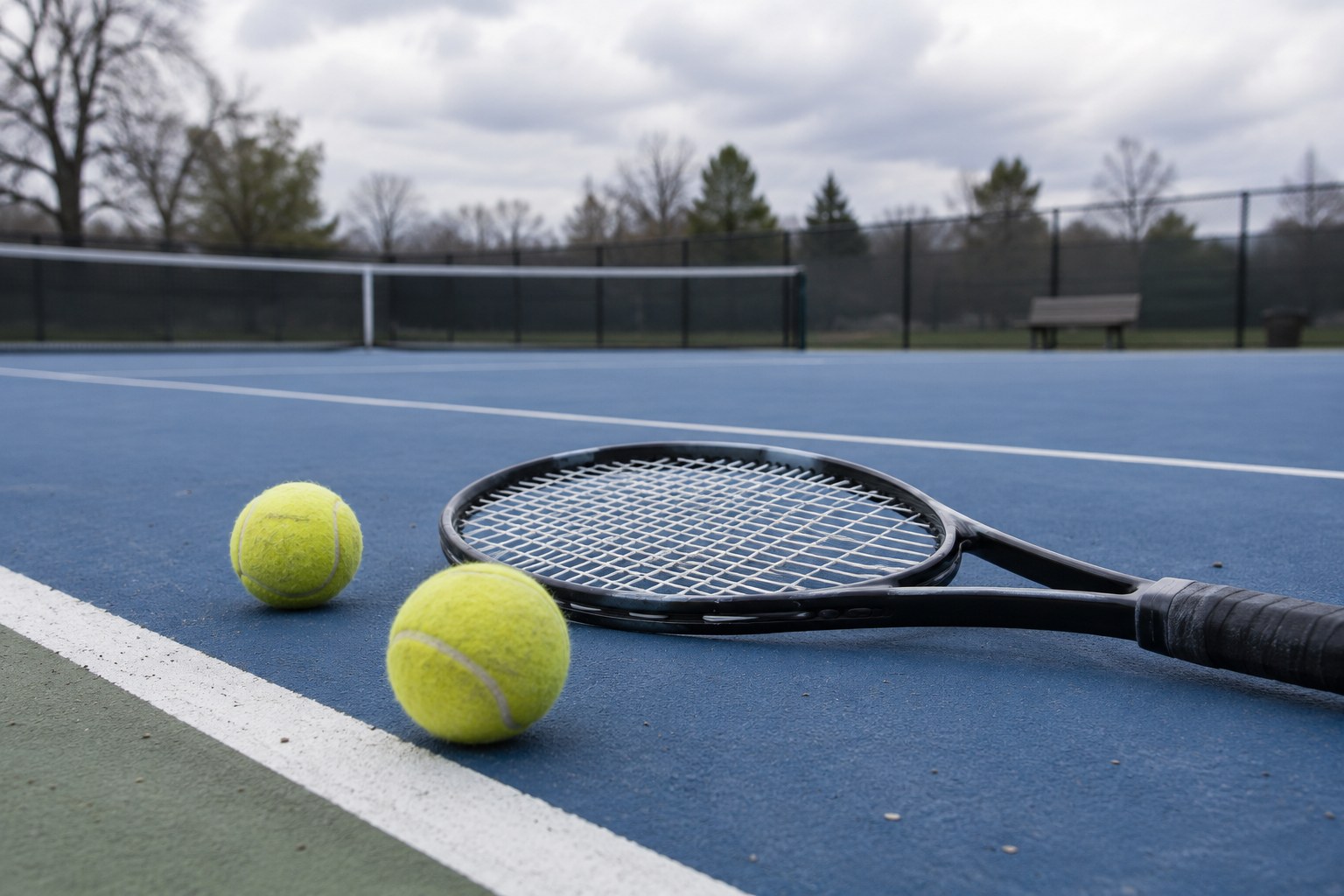 Tennisbälle und ein Schläger am Rand eines Hartplatzes.