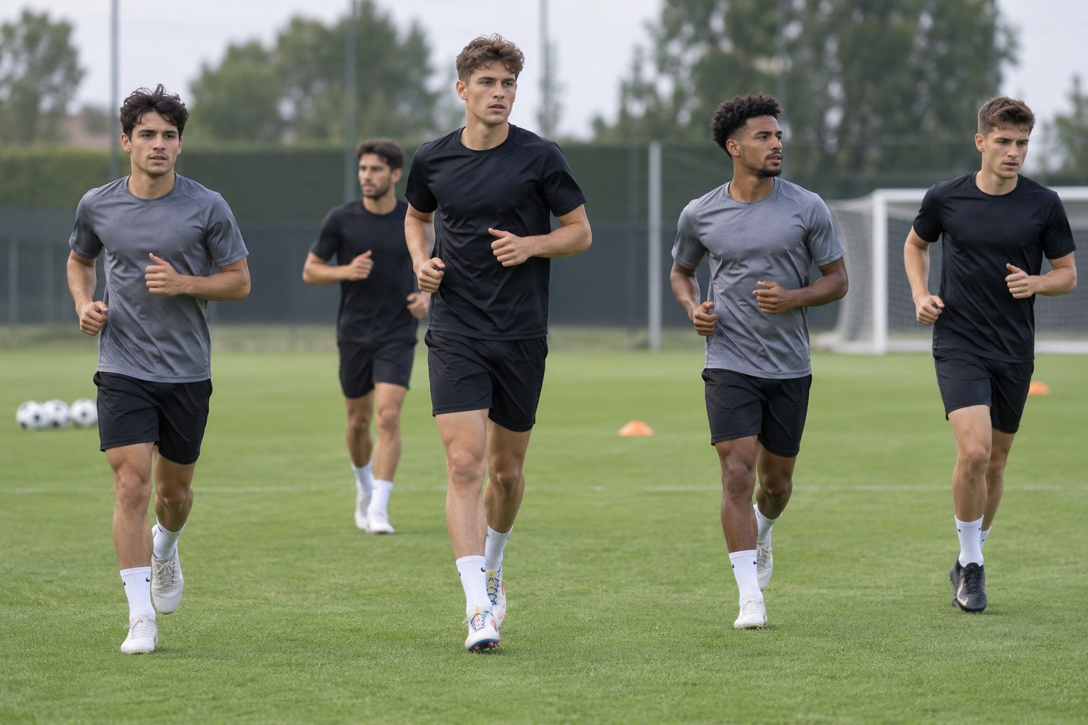 Junge erwachsene Fußballspieler trainieren auf dem Rasen.