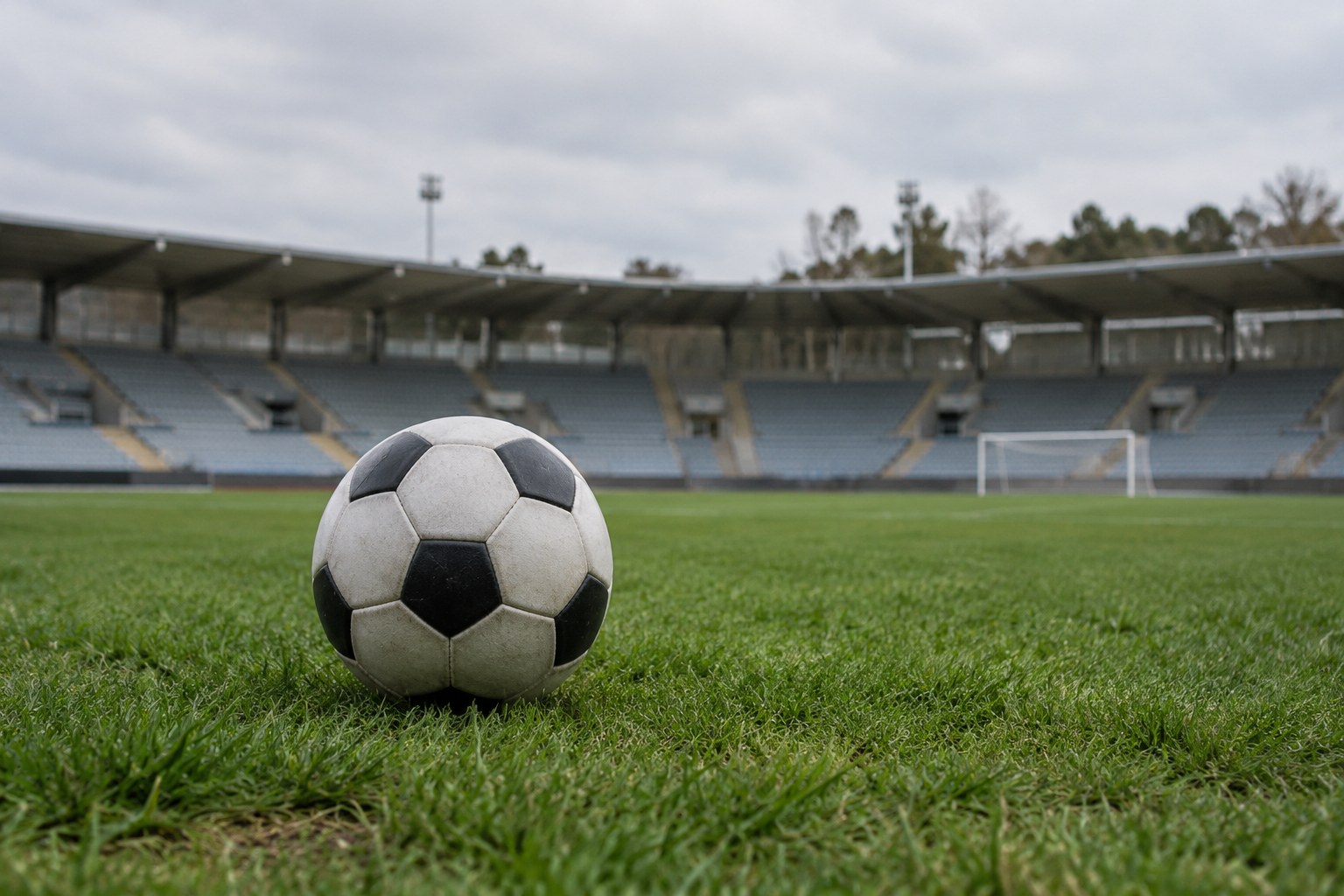 Ein Fußball liegt auf dem Rasen vor einer Tribüne.