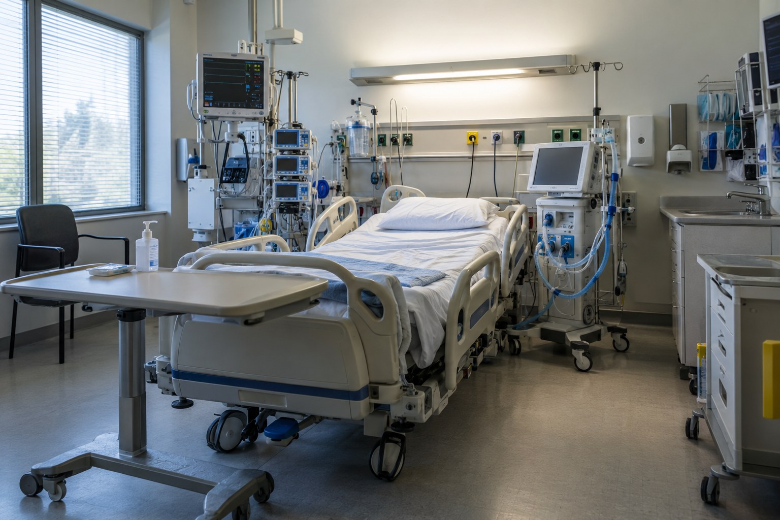 Medizinische Geräte neben einem unbesetzten Klinikbett.