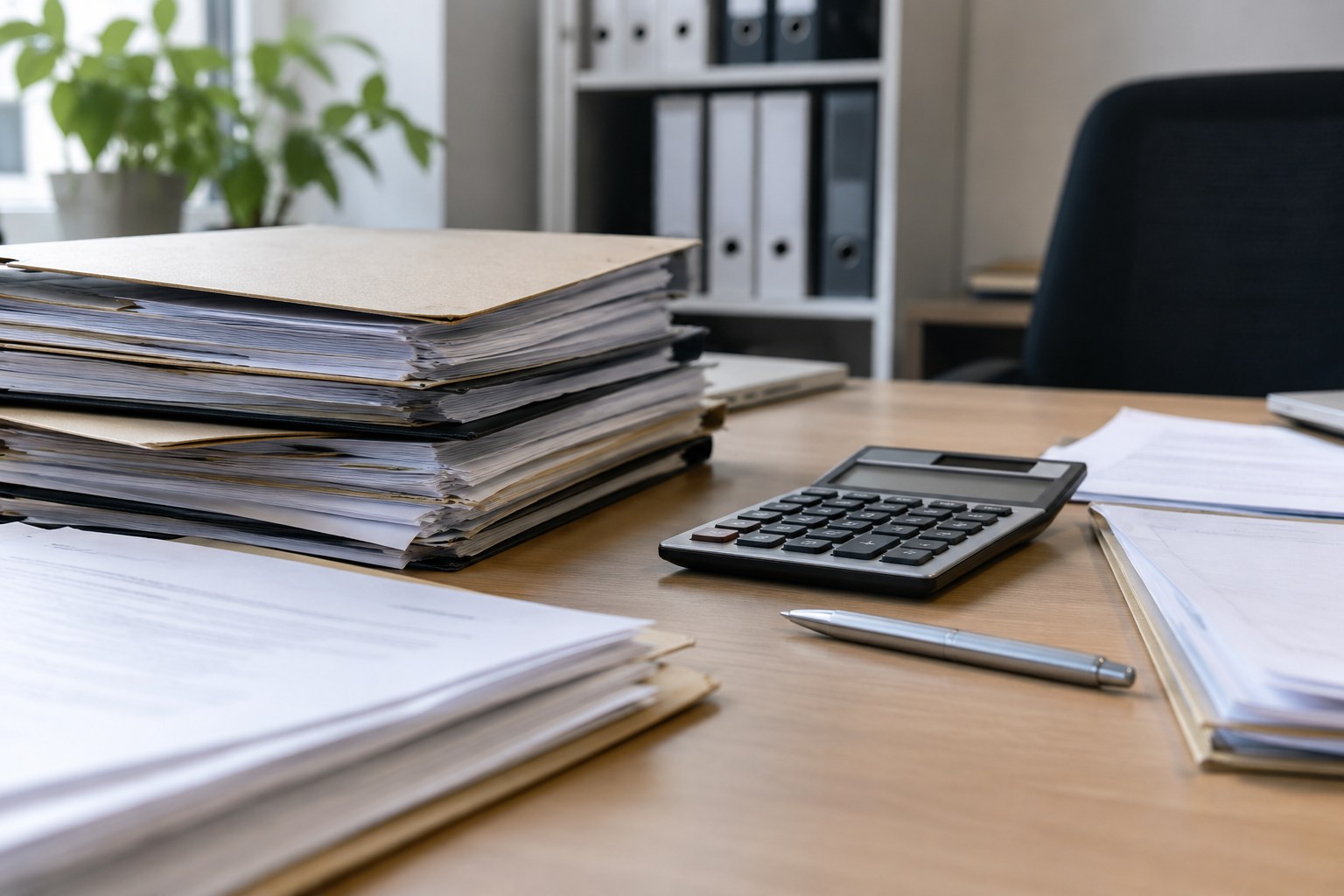 Unterlagen und Taschenrechner auf einem Bürotisch.