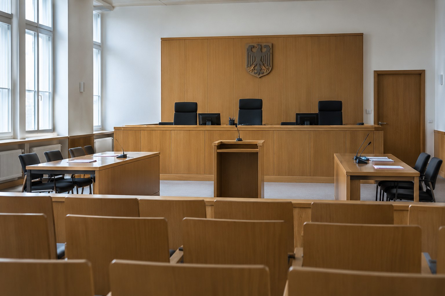 Leerer Gerichtssaal mit hölzernen Sitzreihen.
