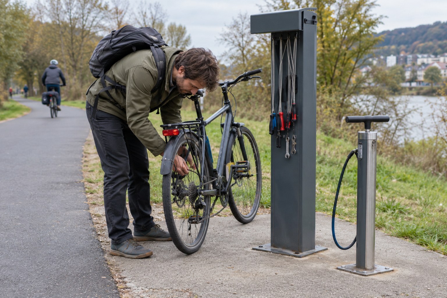 Fahrrad an einer öffentlichen Reparaturstation.