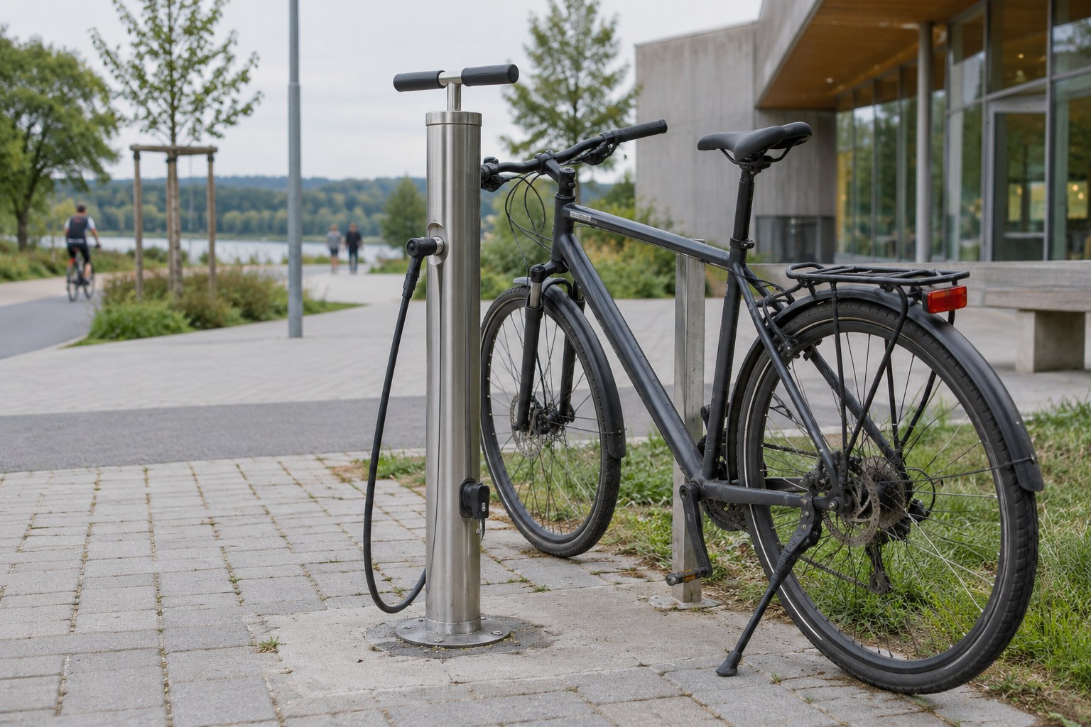 Luftpumpe neben einem abgestellten Fahrrad.