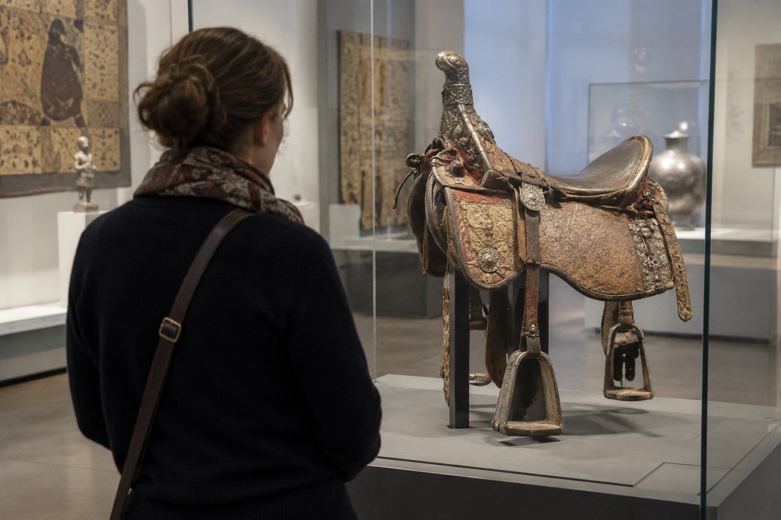 Beispielhafte Museumsszene mit Reitzubehör.