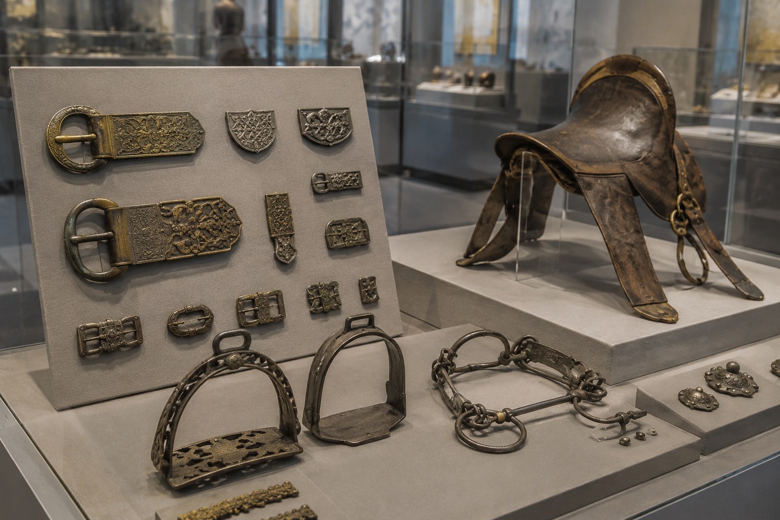 Beispielhafte Vitrine mit Gürtelbeschlägen und Reitzubehör.