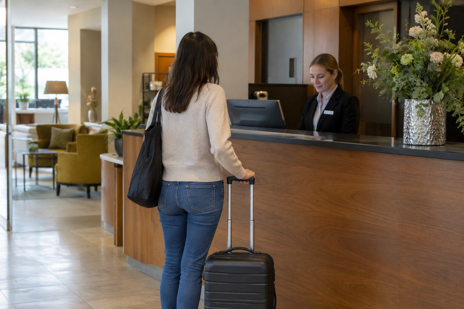Gast mit Koffer an einer Hotelrezeption.