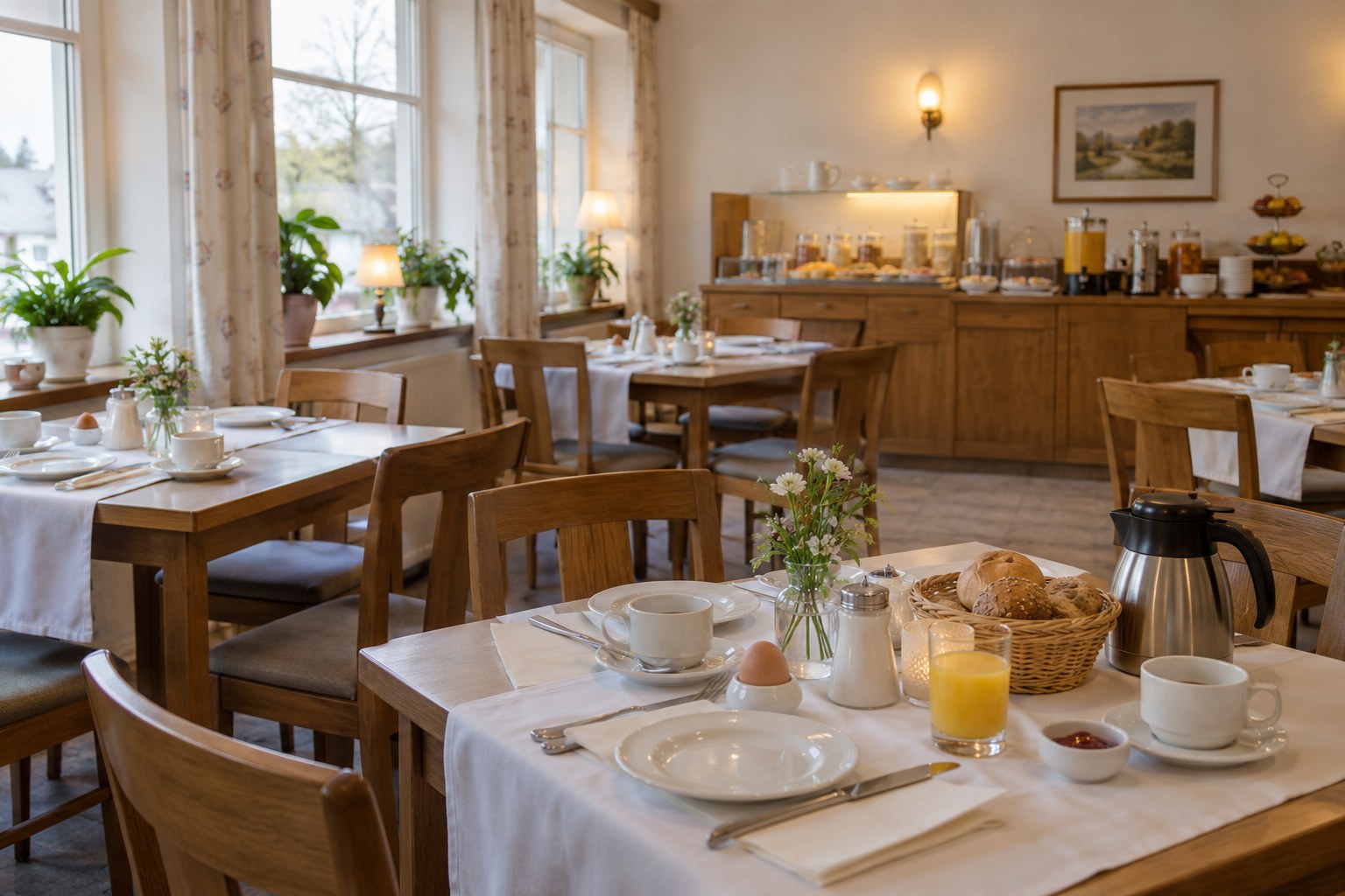 Frühstücksraum in einem kleinen Hotel.