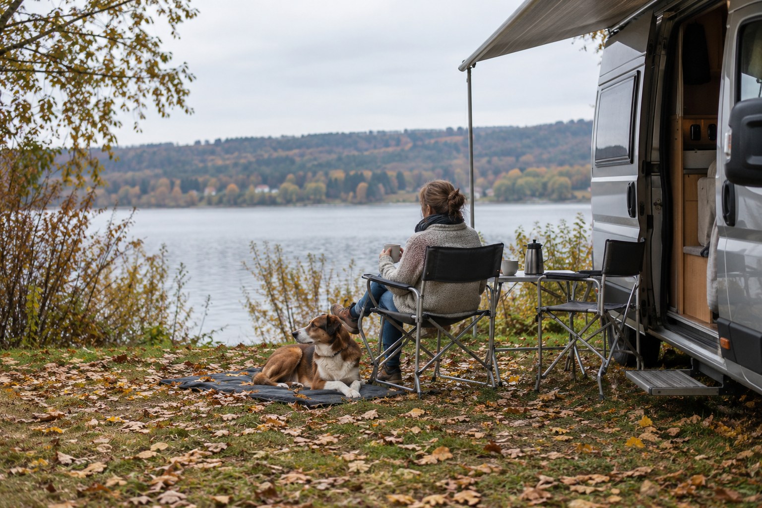 Hund neben einem Wohnmobil an einem See.