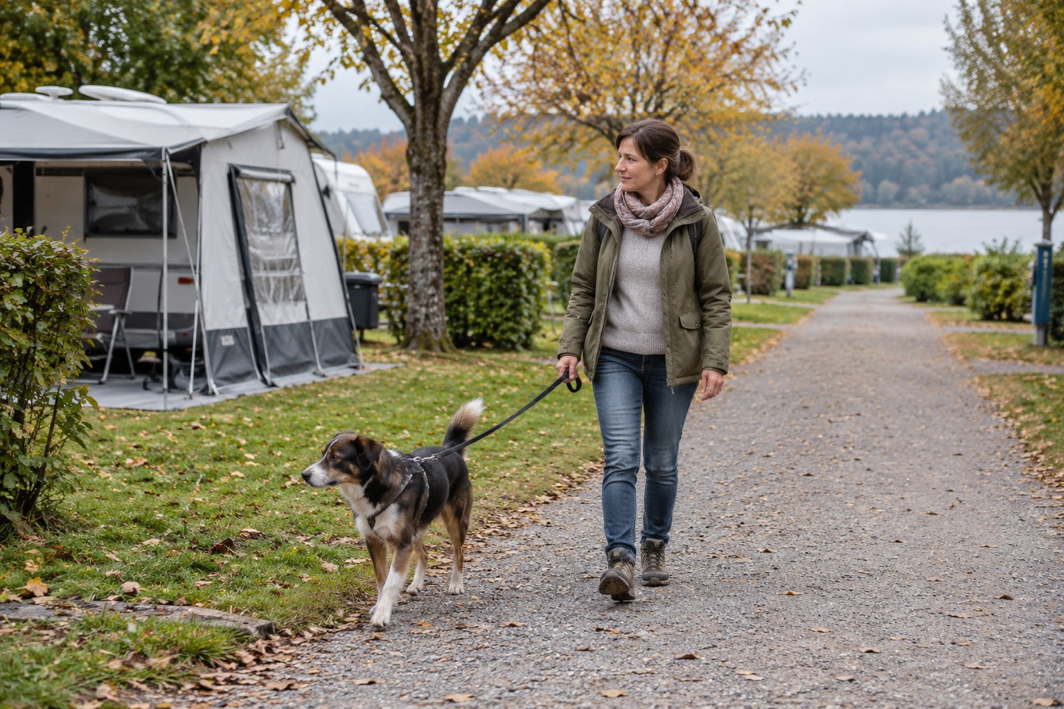 Spaziergang mit angeleintem Hund an einem Campingplatz.